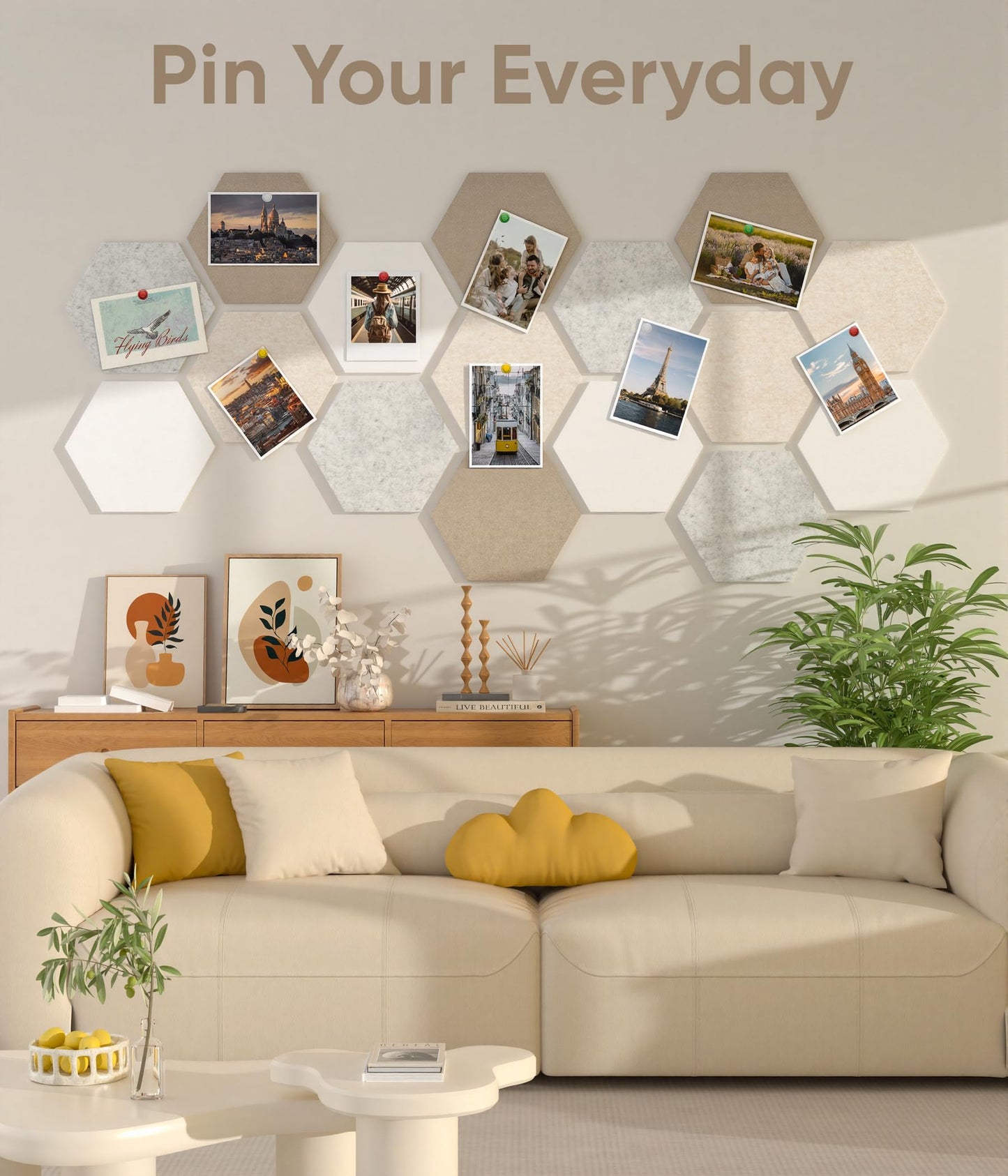 Toptople 12 Inch Large Hexagon Cork Board for Walls, 8 Pack Felt Bulletin Board Tiles, Pin Board with Push Pins for Office Photo and Note, Linen Beige