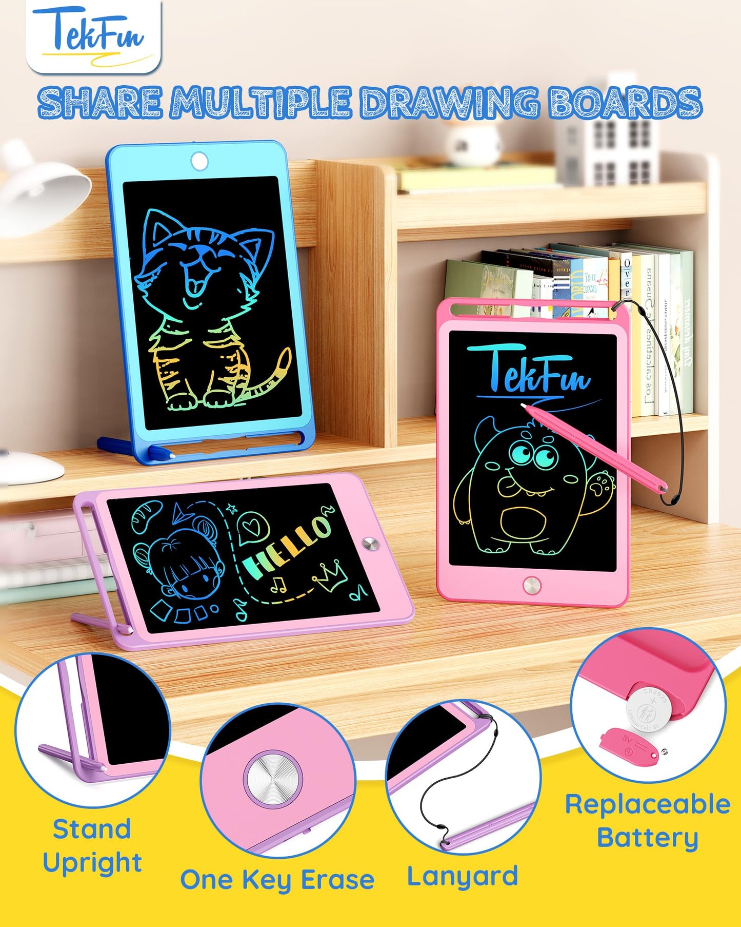 TEKFUN 3 Pack LCD Writing Tablet for Kids, 8.5 Inch Blue+Pink+Purple Doodle Board Drawing Board Reusable Drawing Tablet with Lanyard, Educational Kids