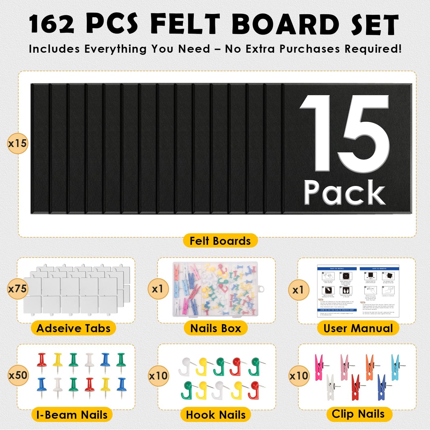 MAPVOLUT 15 Pcs Felt Boards - 60"x36" Reusable Cork Board Alternative for Wall with 70 Pins, 75 No-Trace Adhesive & Guide - Perfect for Office, Classroom, Home Decor, Bulletin Board, and Dartboard