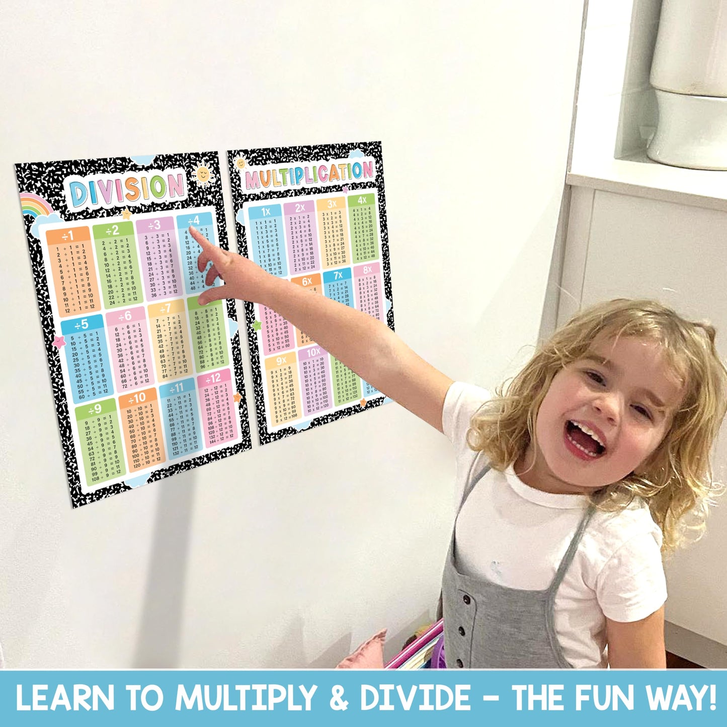 BEAWART Multiplication Chart, 2 Pcs Educational Math Posters for Classroom, Laminated Multiplication & Division Poster, Back To School Mathematics Bulletin Board Must Haves, Composition Notebook