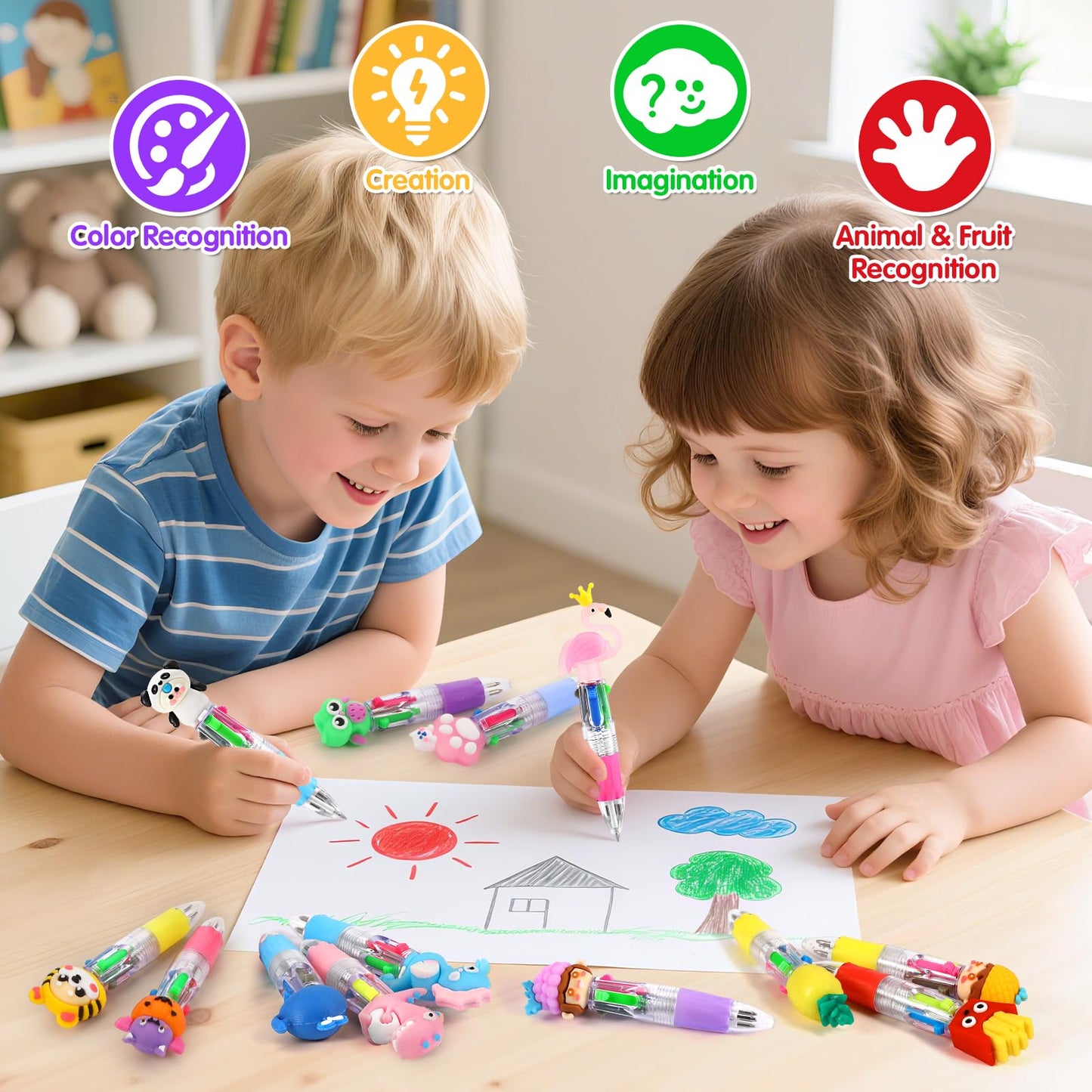 arscniek 60Pcs Multicolor Pen in One, 4-in-1 0.5mm Fine Point Cute Pens, Fun Kawaii Ballpoint Pen for Party Favors, Classroom Prizes, Teacher School Supplies, Bulk Gifts for Students