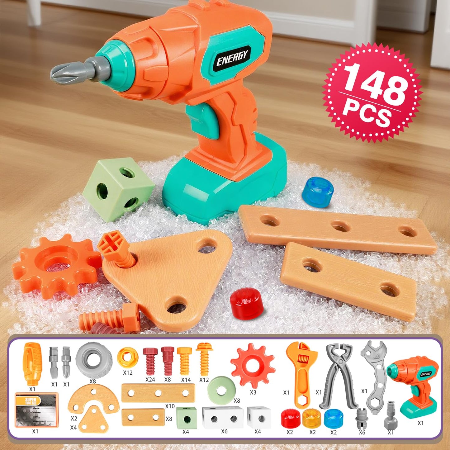 Design and Drill Toy - Toddler Tool Set with Drill & Toolbox, Create And Design Drill Kit Stem Toys for Kids Ages 3-6, Toddler Building Educational Construction Toy for 3-6 Year Old Girl (WOOD COLOR)