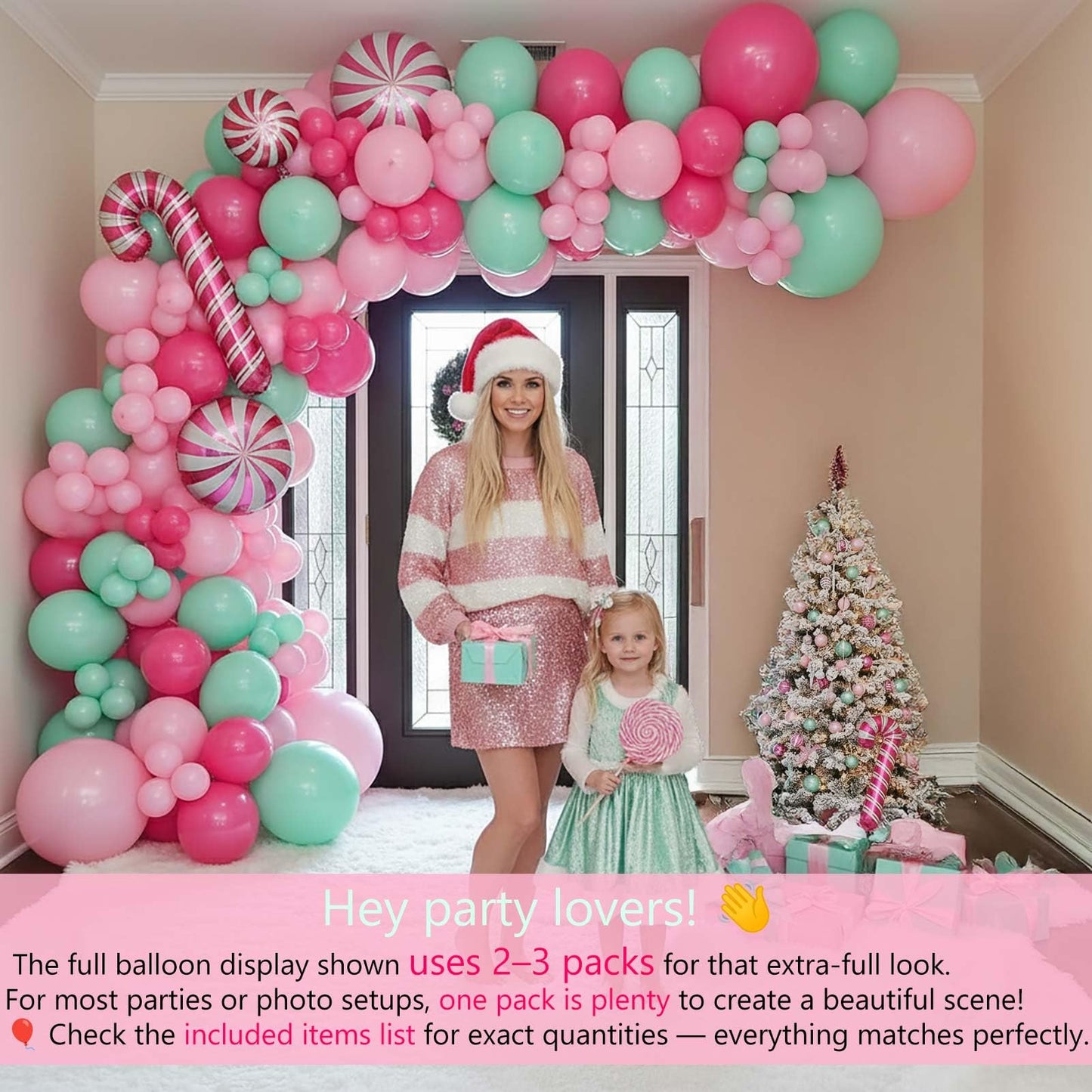 Christmas Balloon Garland Arch kit light magenta green pink balloon with Gingerbread Balloon Cane Candy Foil Balloons for Christmas Party Decorations Xmas New Year Birthday Party Supplies