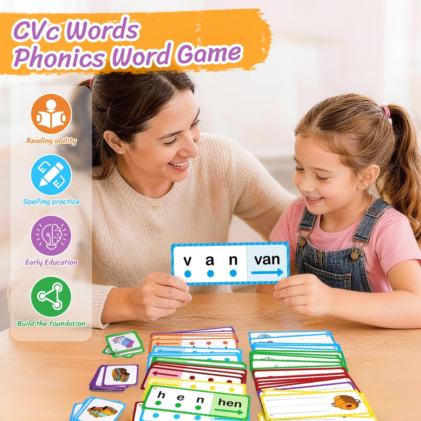 LilLaufy Phonics Games Flash Cards for Kids, CVC Word Games, Educational Speech Therapy Toys for Toddlers, Learn to Read & Spell, Preschool Kindergarten Learning Activities, Homeschool Essentials