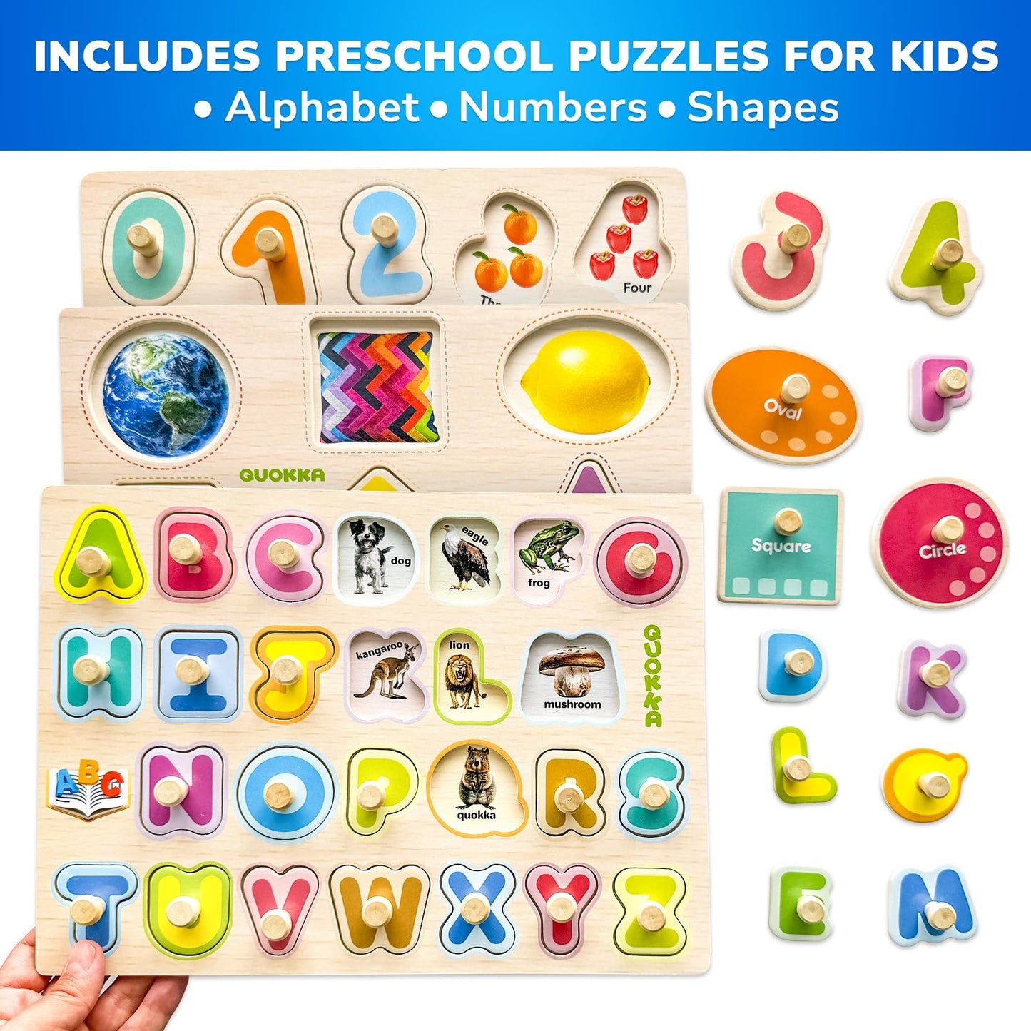 QUOKKA 8 Wooden Puzzles for Toddlers 1-3 - Toddler Montessori Puzzles Ages 2-4 in a Rack - Learning Alphabet, Numbers and Animals Toy for Kids 3-5 - Wood Games Gift for Boys and Girls
