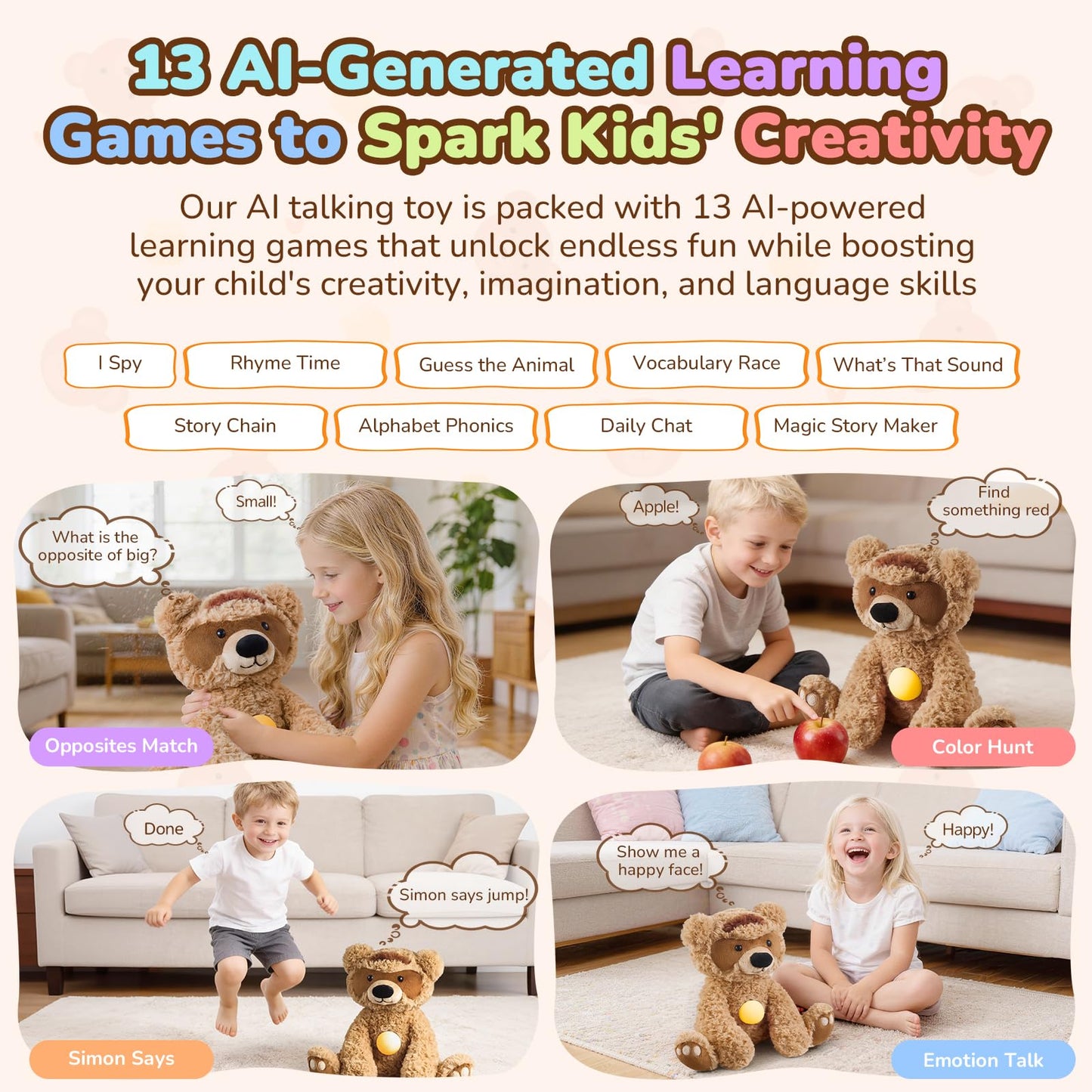 AI Talking Interactive Plush Toy Figure, ChatGPT Smart Storytelling Singing Teddy Bear Gift AI Stuffed Animals English Spanish, Educational Emotional Companion, Real-Time Voice AI Toys for Kids Age 3+
