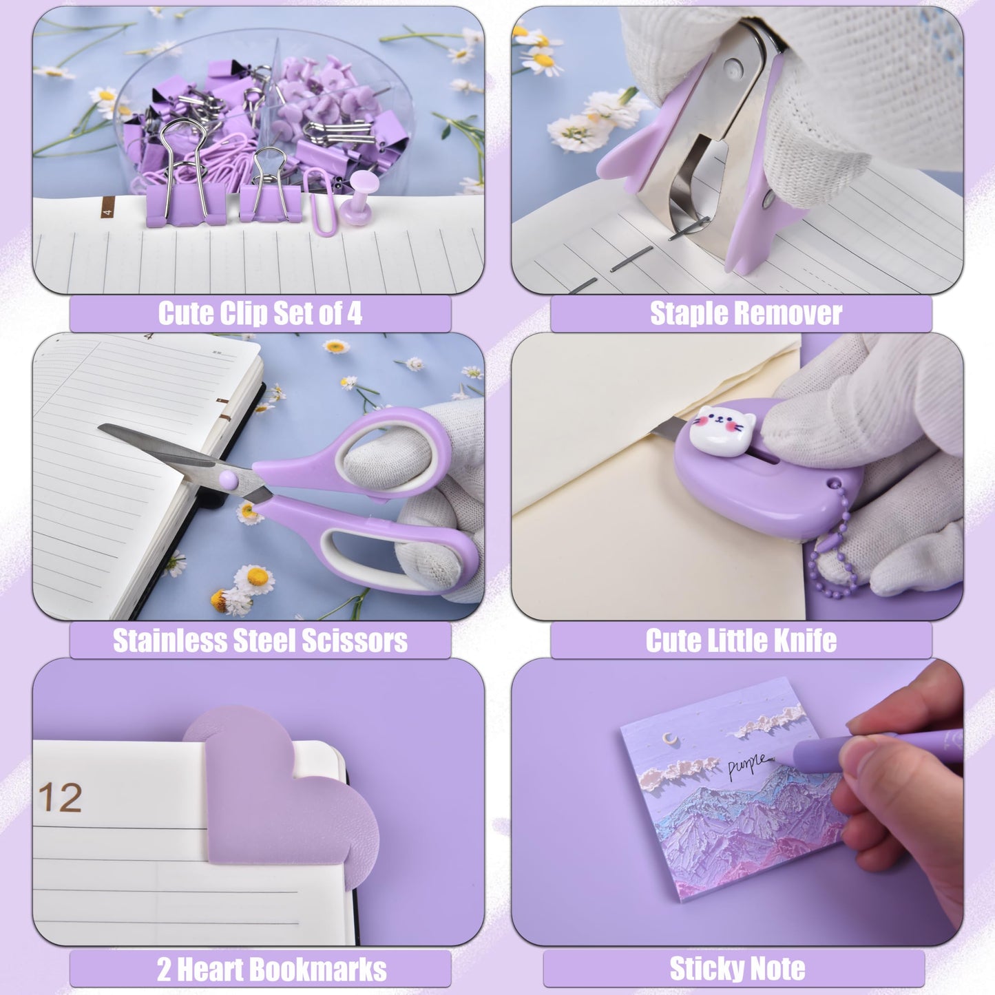 Purple Desk Accessories, 26Pcs Office Supplies and Desk Organizers, with Tape Dispenser, Stapler, Staple Remover Ect, Gift Box Packaging