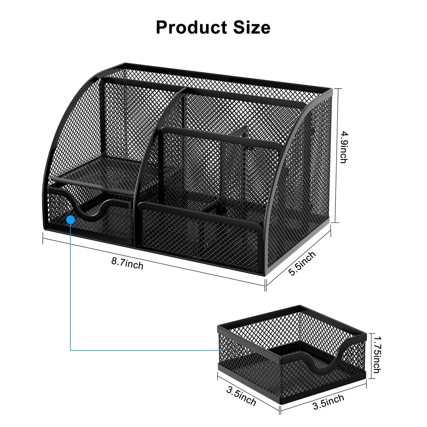 EasyPAG Mesh Desk Organizer with Drawer Multi-functional Pen Holder Stationery Organizer for Office School Supplies 6 Compartments Dorm Organizers and Storage for Desk, Black