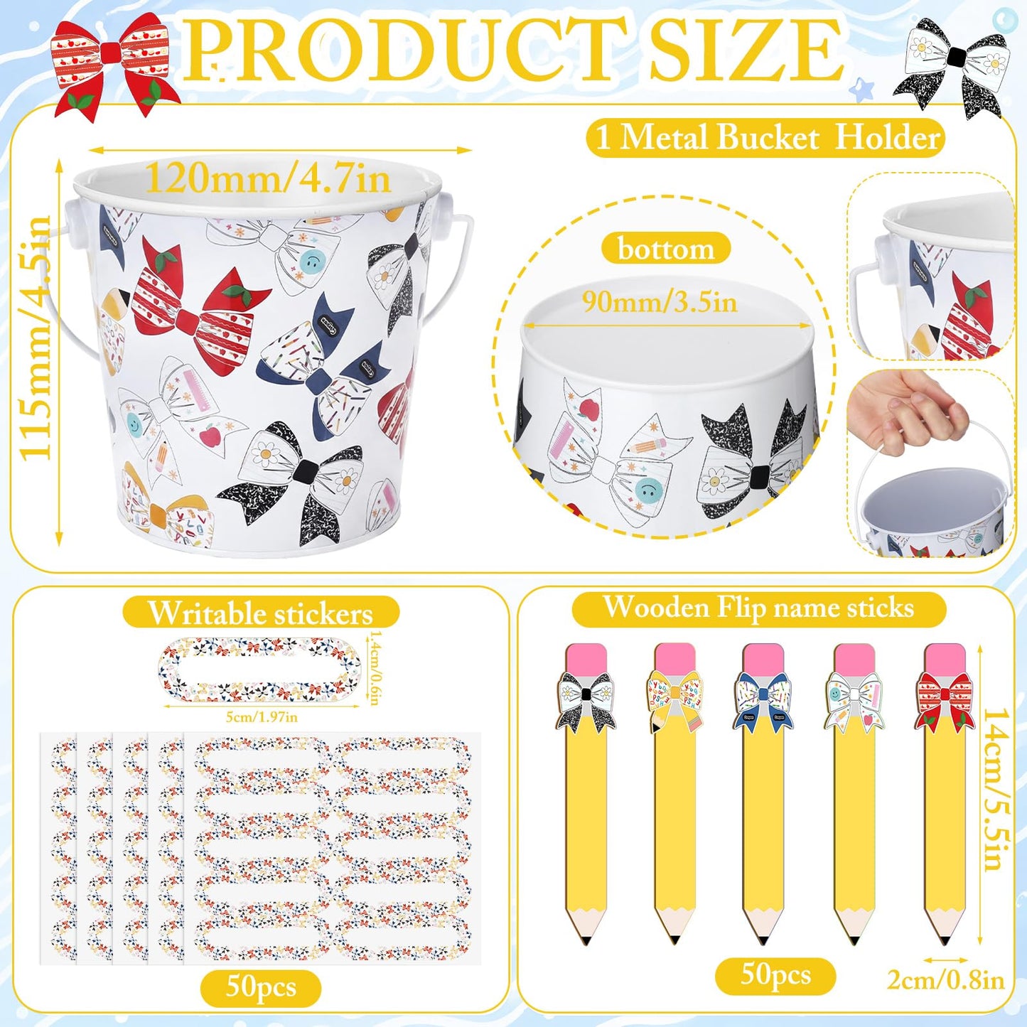 ReliThick 101 Pcs Pencil Bow Flip Name Sticks with Metal Buckets Back to School Talking Sticks with Metal Holder Set for Classroom Management Tool Teacher Essentials Educational Activities