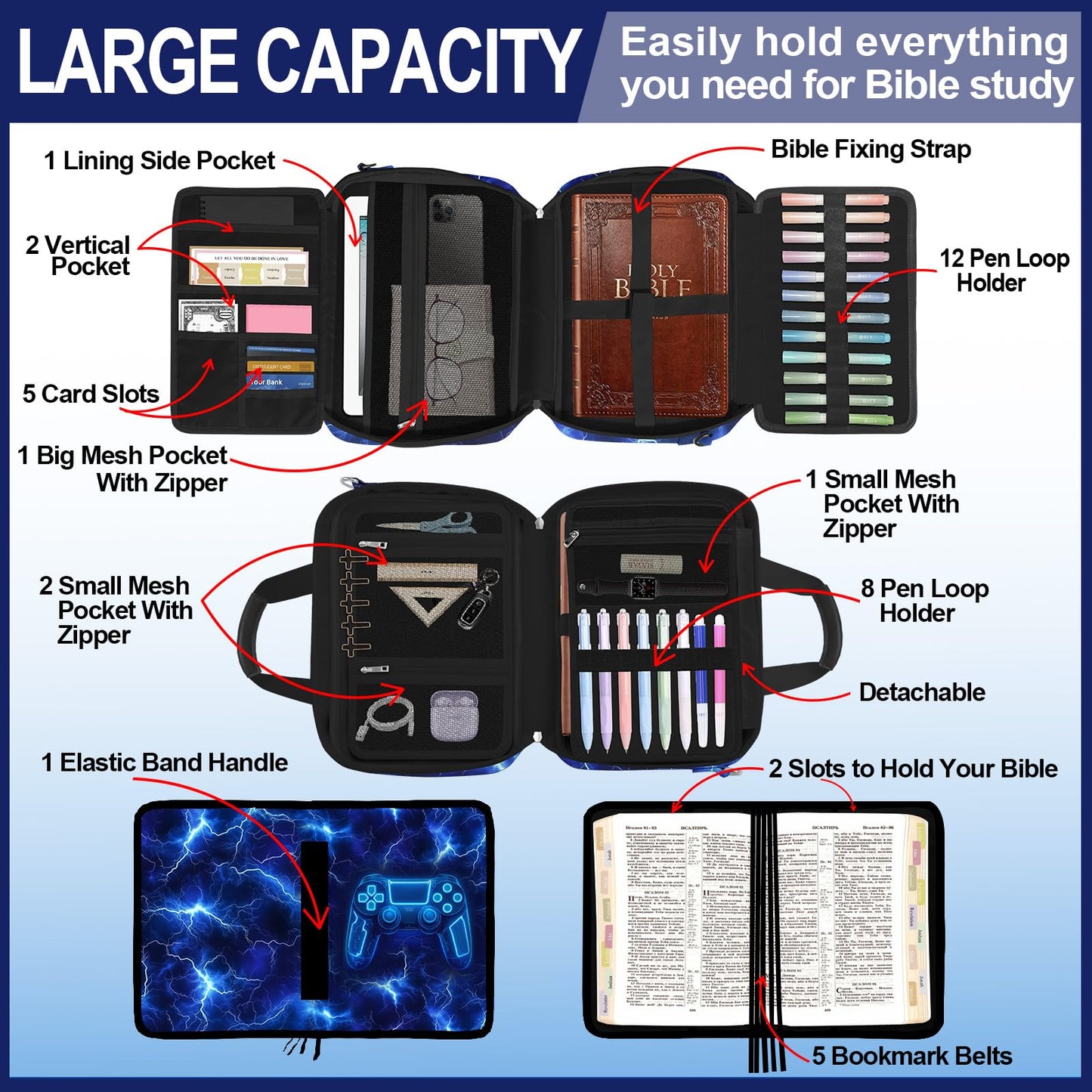 IBOVODI Kids Bible Cover Game Bible Case for Boys Large Carrying Book Case Church Bag Bible Protective with Handle and Zippered Pocket Study Supplies Accessories Men Christian Gifts,Lightning Game