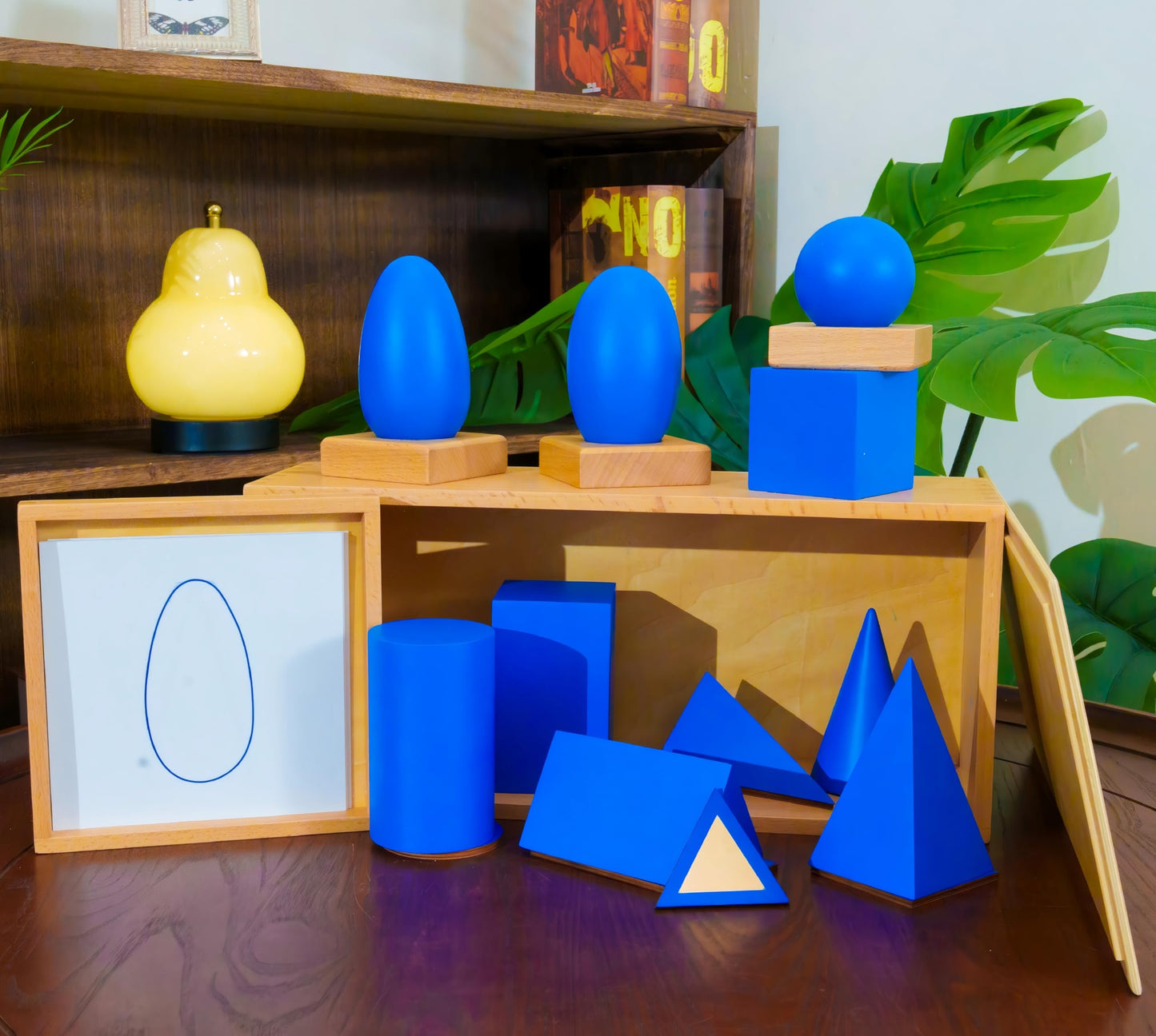 Premium Montessori Geometric Solids with Matching Cards – Solid Beechwood 3D Shapes, Plane Figures, Stands & Cards, Sensorial Geometry Materials for Spatial Awareness, Homeschool Classroom Kids 3-9