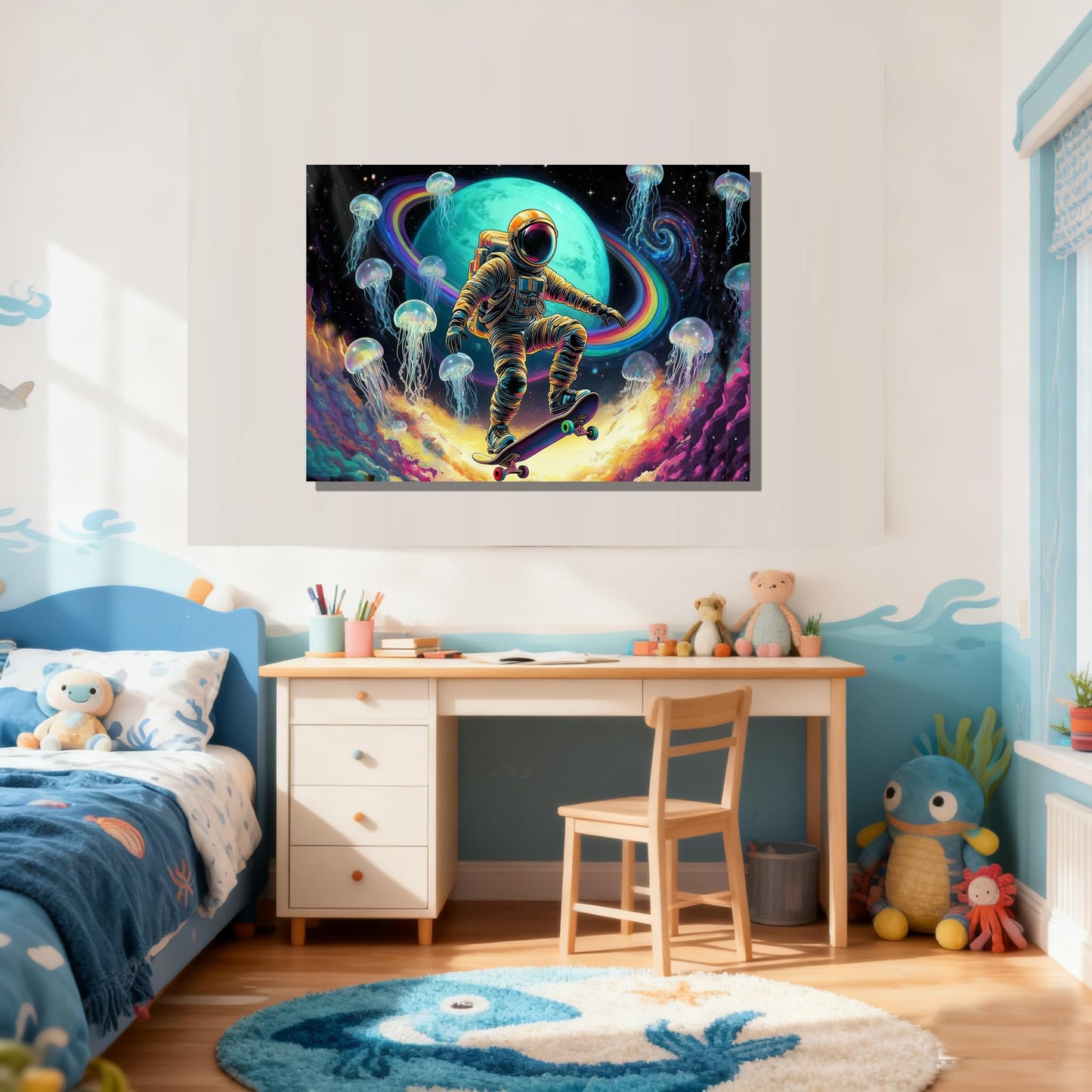 16x24 Framed Space Astronaut Skateboard Canvas Wall Art Colorful Galaxy Print with Jellyfish Rainbow Cosmic Tenn Boy Room Fantasy Decor Kids Bedroom Funny Earth Poster Child Study Room Office Picture