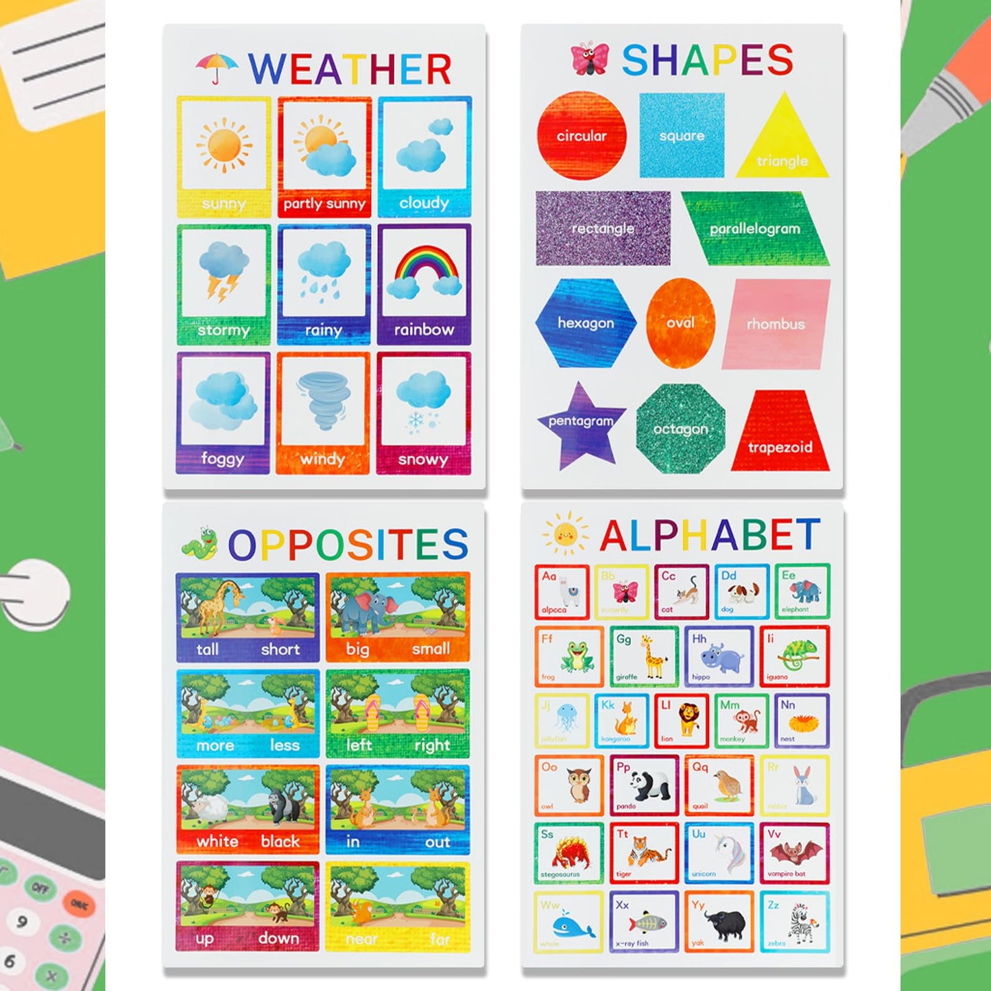 Educational Posters for Elementary Preschool Kindergarten Classroom Learning, Preschool Learning Posters for ABC Alphabet, Time, Number, Months,Colors, Weather, Animals, More, 16.5x11 Inch (12P Style B)