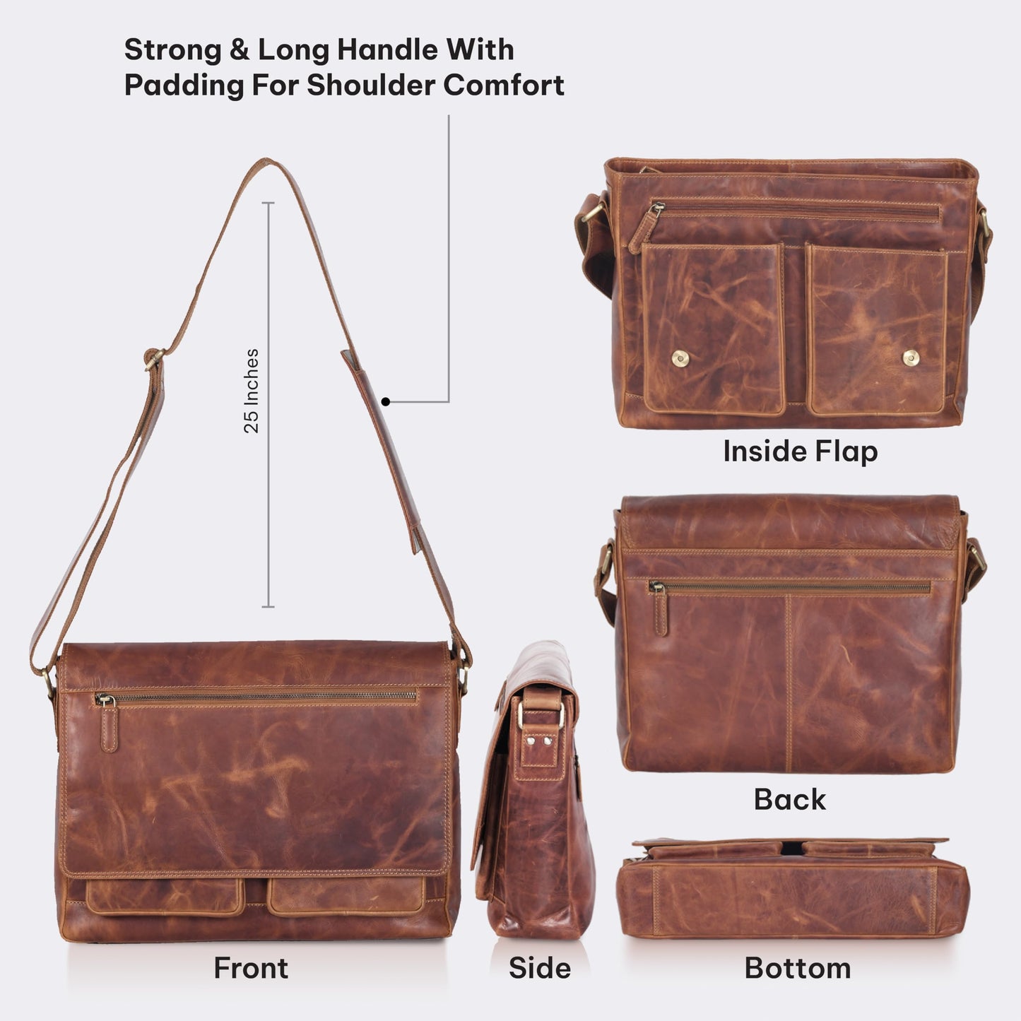VALENCHI 15" Full Grain Leather Laptop Messenger Bag For Men & Women - Padded 15.3" Laptop Compartment, Ample Storage & Pockets, Premium Natural Leather (Cognac Vintage)