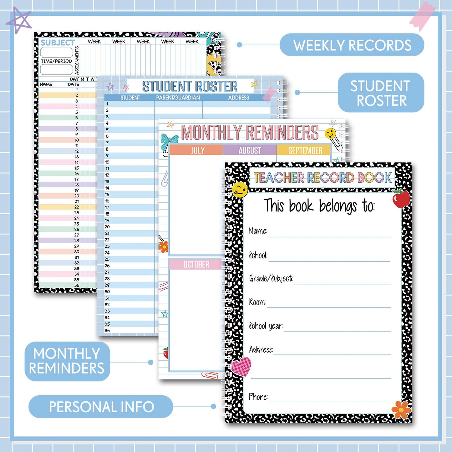Fuyoooo Teacher Record Book 2026-2027 Teacher Grade Books Spiral Bound Record Planner 2026 Class Grade Book Office Favors for Classroom Attendance Planner Decoration Double Sided(Black, Composition)