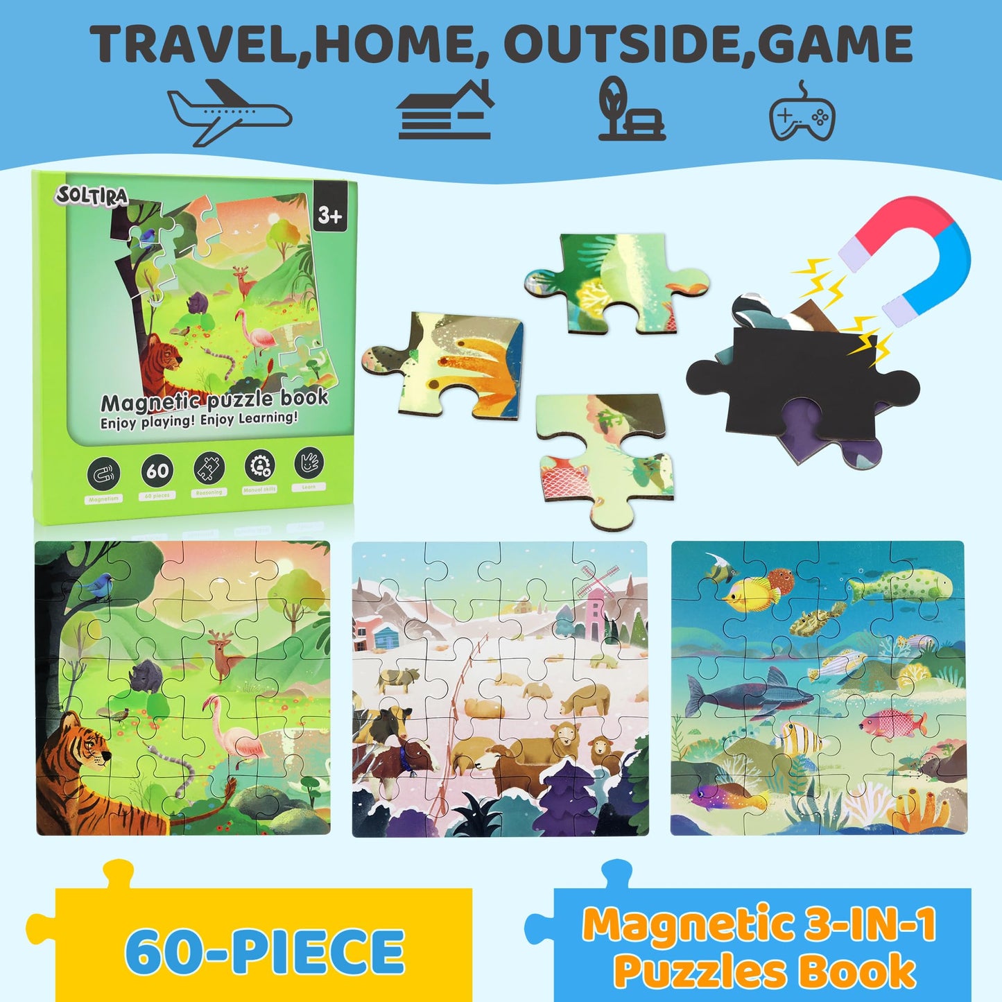 Magnetic Puzzles for Toddlers 3-5 60PCS-3 Animal Themes Magnetic Puzzles for Kids 4-6 Travel Puzzle for Airplane/Car/Road Trip/Gift Toys for 3 4 5 6 7 8 Girls and Boys