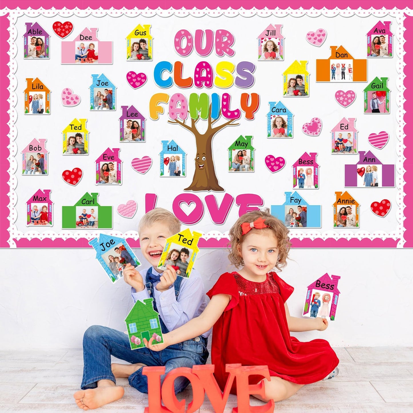 Back to School Bulletin Board Set Our Class is a Family Classroom Decoration with 3D Photo Frame House Pink Paper Cutouts Family Tree Bulletin Board for Home Office School Classroom Wall Decor