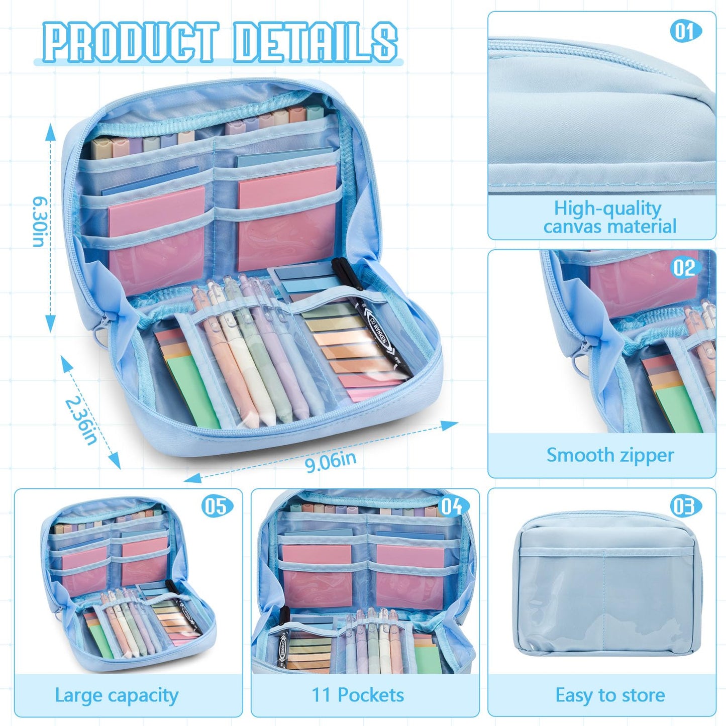 Jutom 39 Pcs Aesthetic Book Annotation Kit Highlighter with Pencil Case Bag Gel Pen Transparent Sticky Note Taking Bible Study College School Supplies(Blue,Kawaii Style)