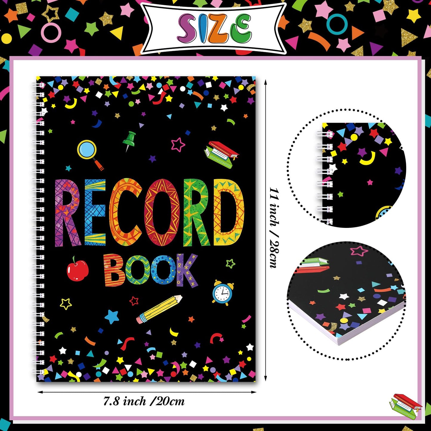 Fuyoooo Teacher Record Book Teacher Grade Books 2026-2027 Spiral Bound Record Planner 2026 Class Grade Book Office Favors for Classroom Attendance Decoration Double Sided(Black, Confetti)