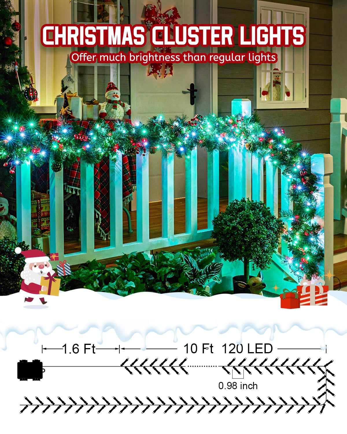 Minetom Christmas Cluster Lights, 120 LED, 10Ft, Battery Operated, Waterproof, 2 Pack, Red Green & White