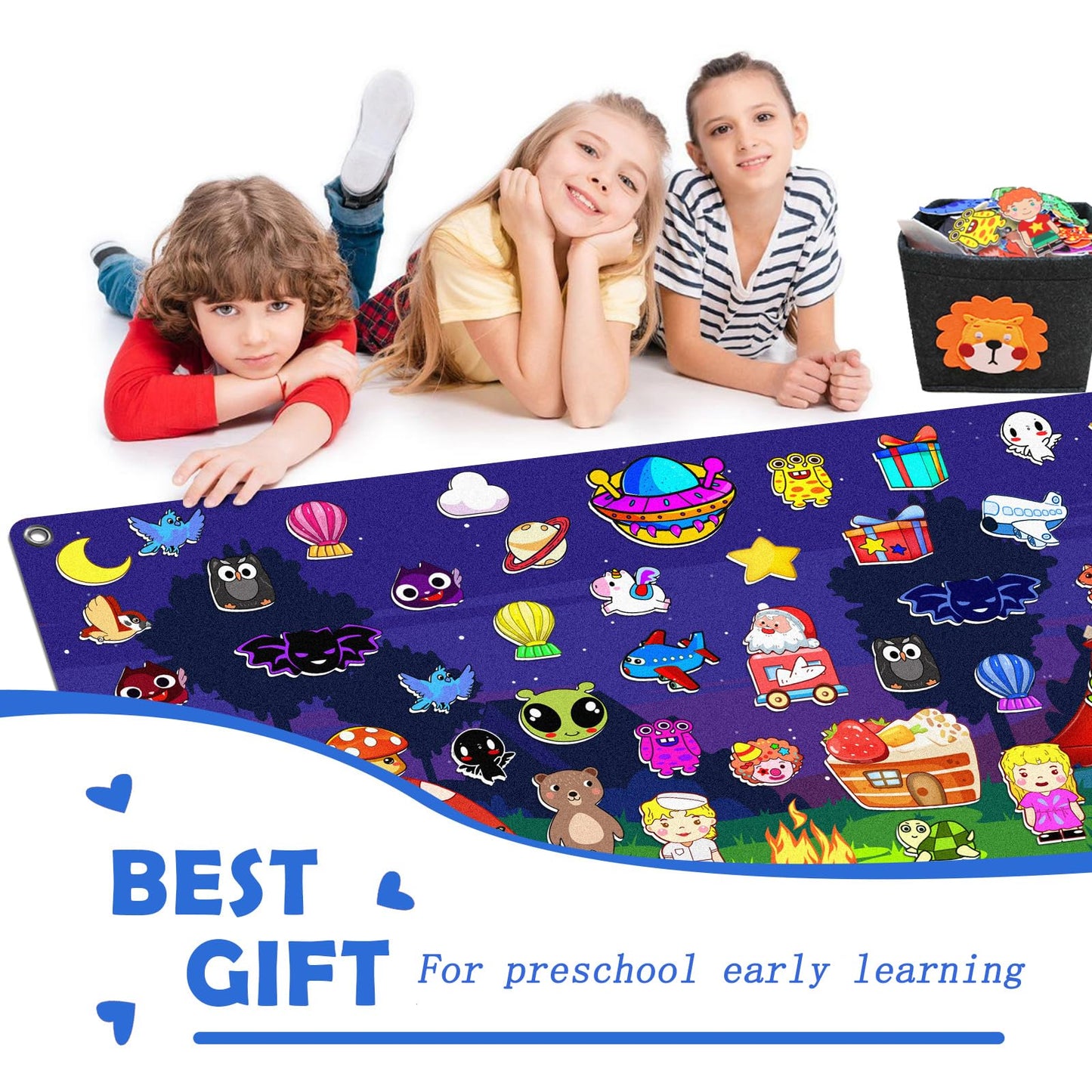 200Pcs Felt Story Board Set with Storage Bag Preschool Teaching Wall Flannel Busy Board Bonfire Party Themed Early Learning Interactive Play Toys Wall Hanging Gift for Toddlers Kids 40 X 28 Inch