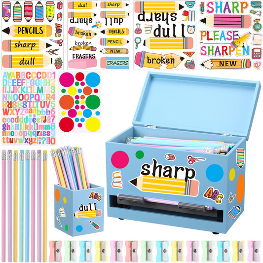 Watersay 108 Pcs Pencil Dispenser Kit for Classroom Wooden Sharp and Dull Pencil Holder 50 Pencils 50 Sharpener 6 Sticker Classroom Teacher Must Have Straw Dispenser for Back to School(Yellow)