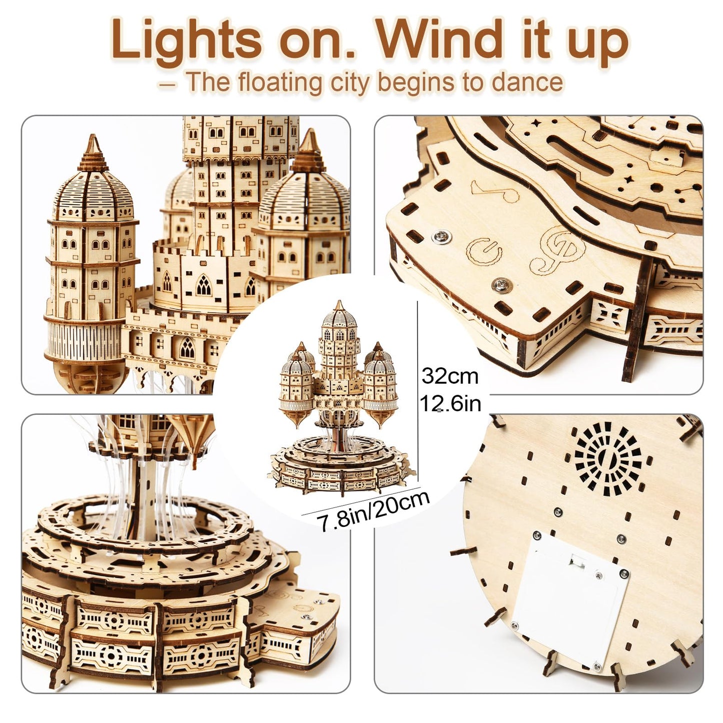 3D Wooden Puzzle for Adults – SkyCity Floating Castle Music Kit with LED Lights & Rotating Mechanism, DIY Mechanical Building Set, Hobbies Puzzle Models for Teens & Collectors