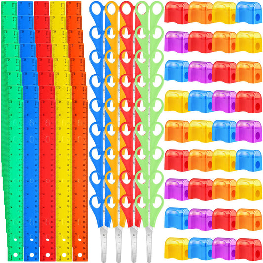 AmazingSpark 108 Pcs Operation Christmas Gifts 36 Clear Plastic Ruler 12 Inch 36 Safety Blunt Tip Student Scissors 36 Miniature Pencil Sharpeners with Cover for Operation Christmas Gifts Bags Stuffers