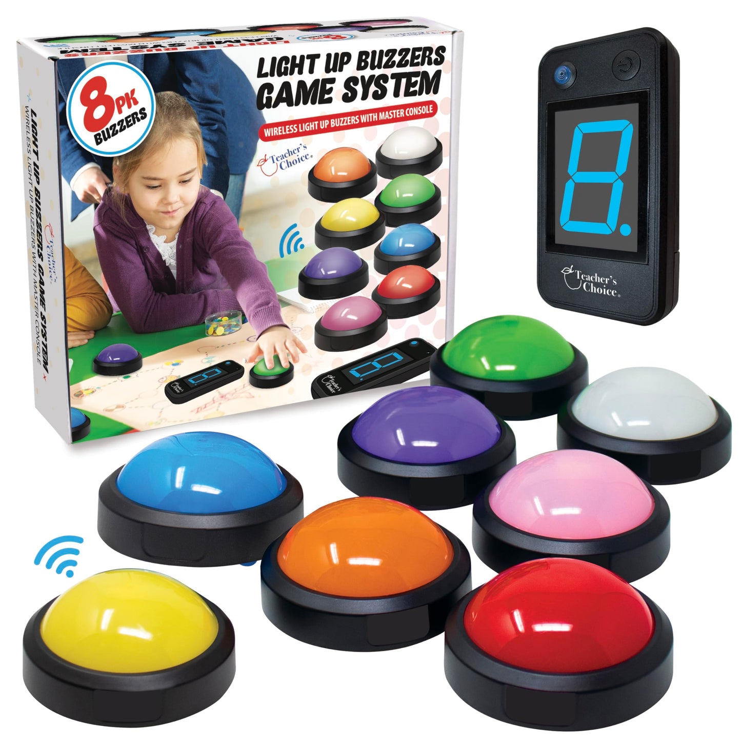 Teacher's Choice Wireless Light Up 8 Player Game Buzzer Button System | Displays the Winning Player | Loud, Unique Sounds Great for Trivia Games, Family Feud, Jeopardy, Competition, Spelling Bees