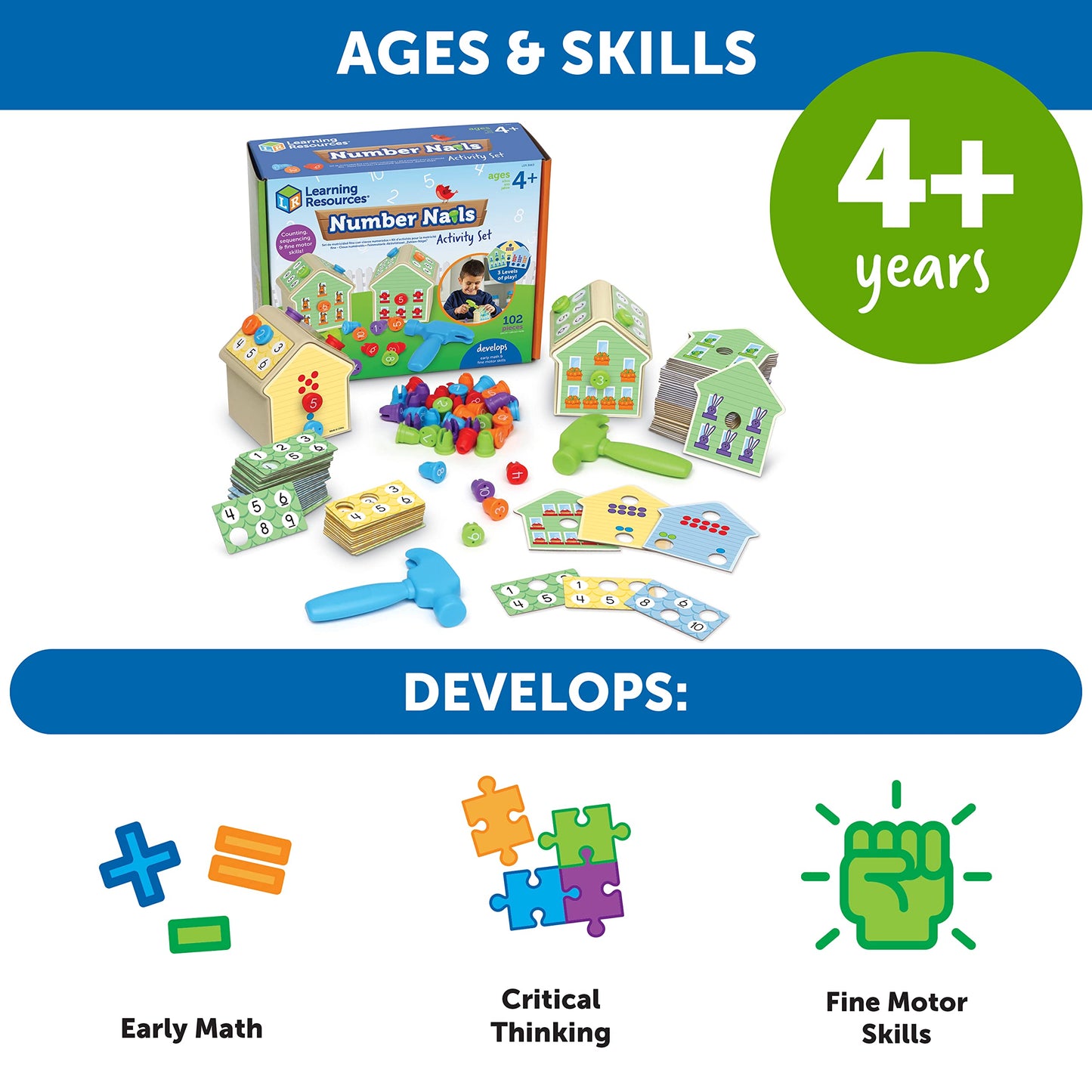 Learning Resources Number Nails Activity Set - Math Manipulatives for Preschoolers Games, Counting Hammer Toy, STEM Fine Motor Skills, Kindergarten Educational Activities, Gifts for Boys and Girls