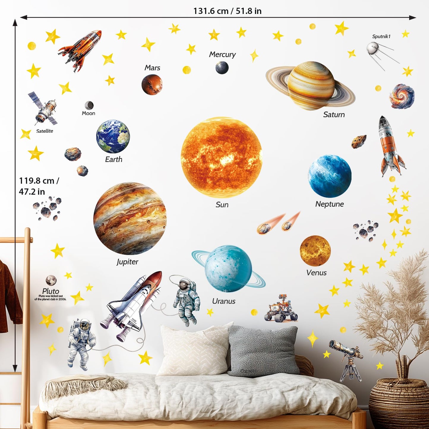 DECOWALL DS12-8077 Solar System Wall Stickers for Kids Room Décor Space Wall Decals for Bedroom Educational Removable Art Murals Decorations Living Ceiling Galaxy Planets Boys Stars