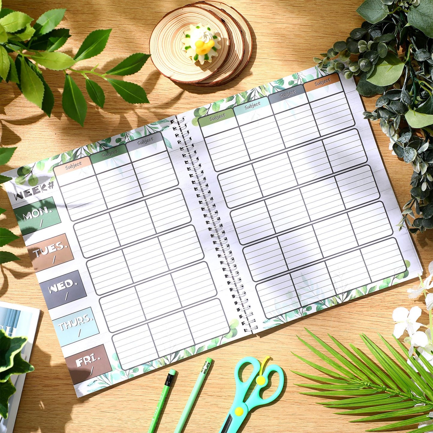 Fuyoooo Eucalyptus Teacher Planner Undated Academic Year Teacher Lesson Planner Book Green Plants Daily Weekly Monthly Spiral Planner Checklist Organizer with Stickers for Classroom, 8.5'' x 11''