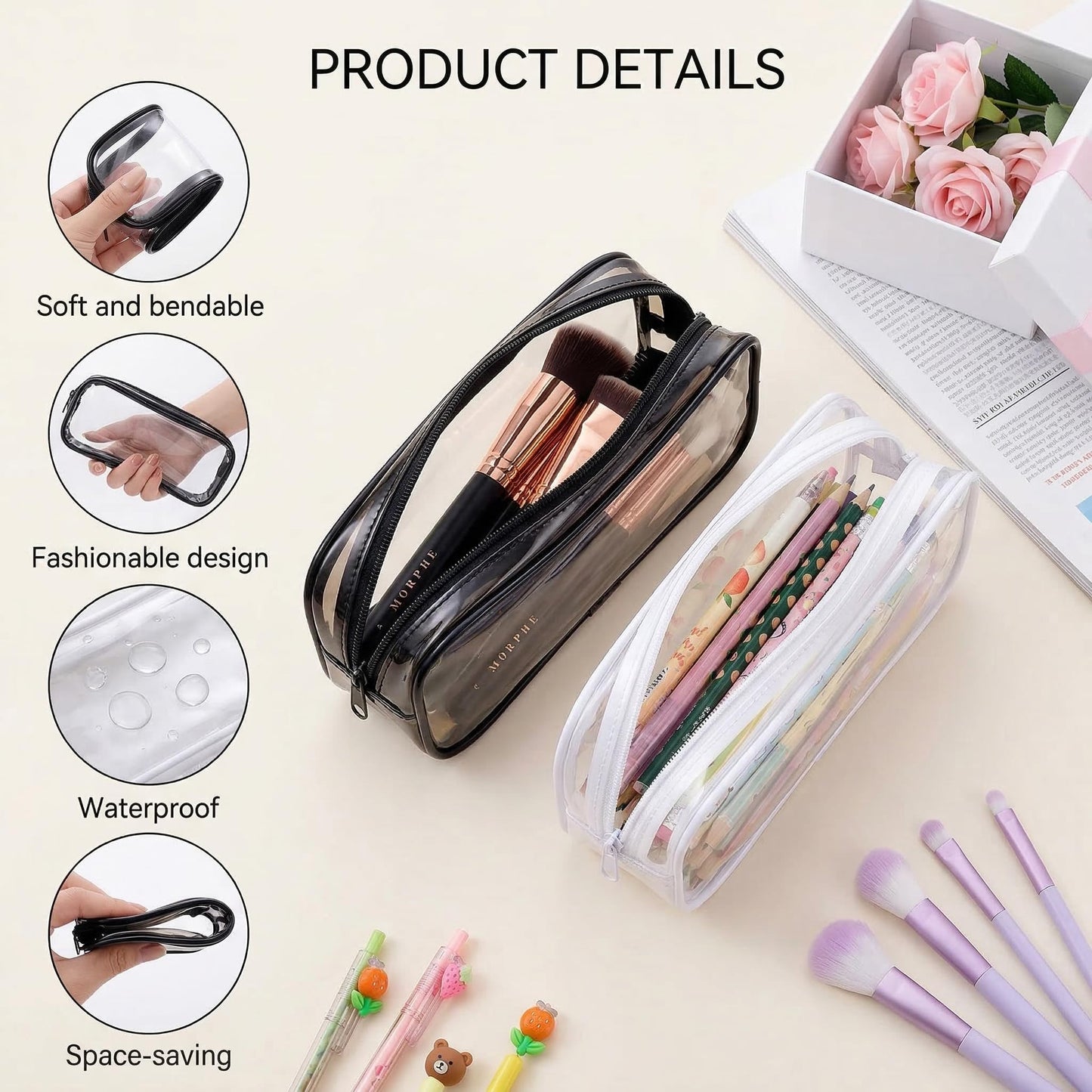 WUWEOT 10 Pack Clear Pencil Case, PVC Pencil Bag Makeup Pouch, Big Capacity Travel Toiletry Bag with Zipper for Office Stationery and Travel Storage (Black+White)