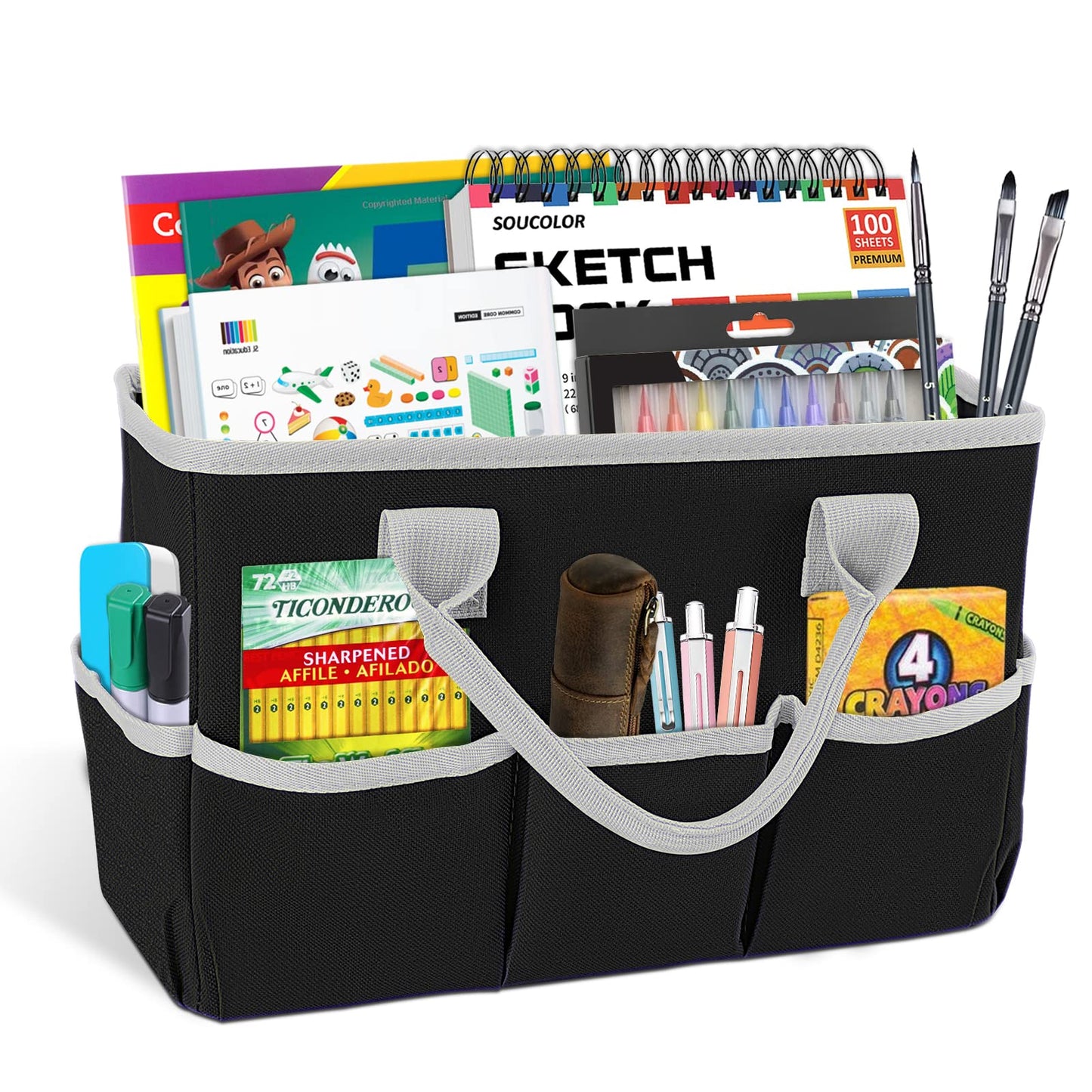 Godery Desktop Tote and Stock Organizer, Teacher Helper Tote Bag Organization for Arts, Books, Stationery, Office Desk Organizer, Make-up Storage Tote with Handles for Travel, Black-Gray