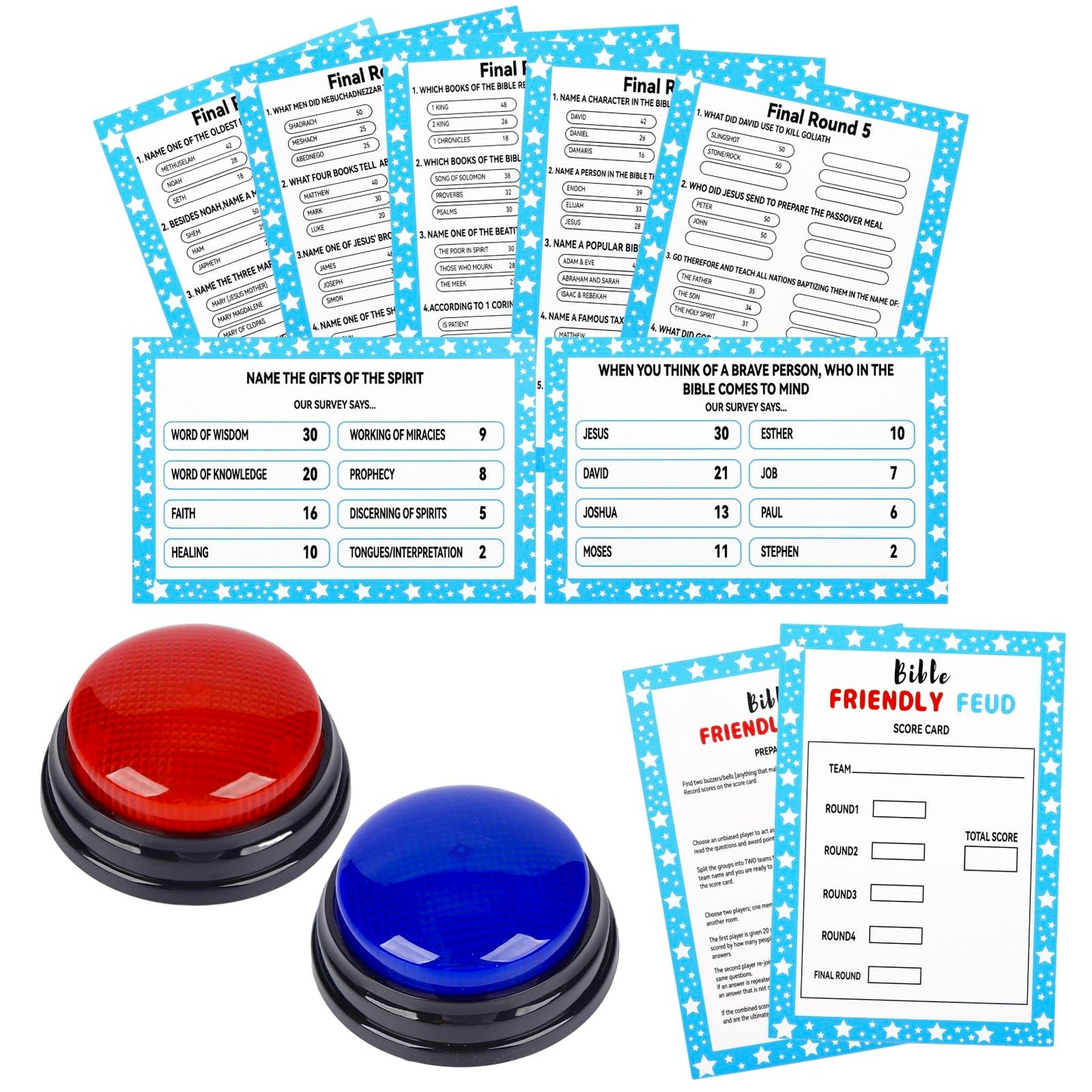 Christian Bible Friendly Feud Game with 2 Answer Buzzers, Family Feud Games Card Game Night Church Group Fun Trivia Quiz for Party Office Class Team Building