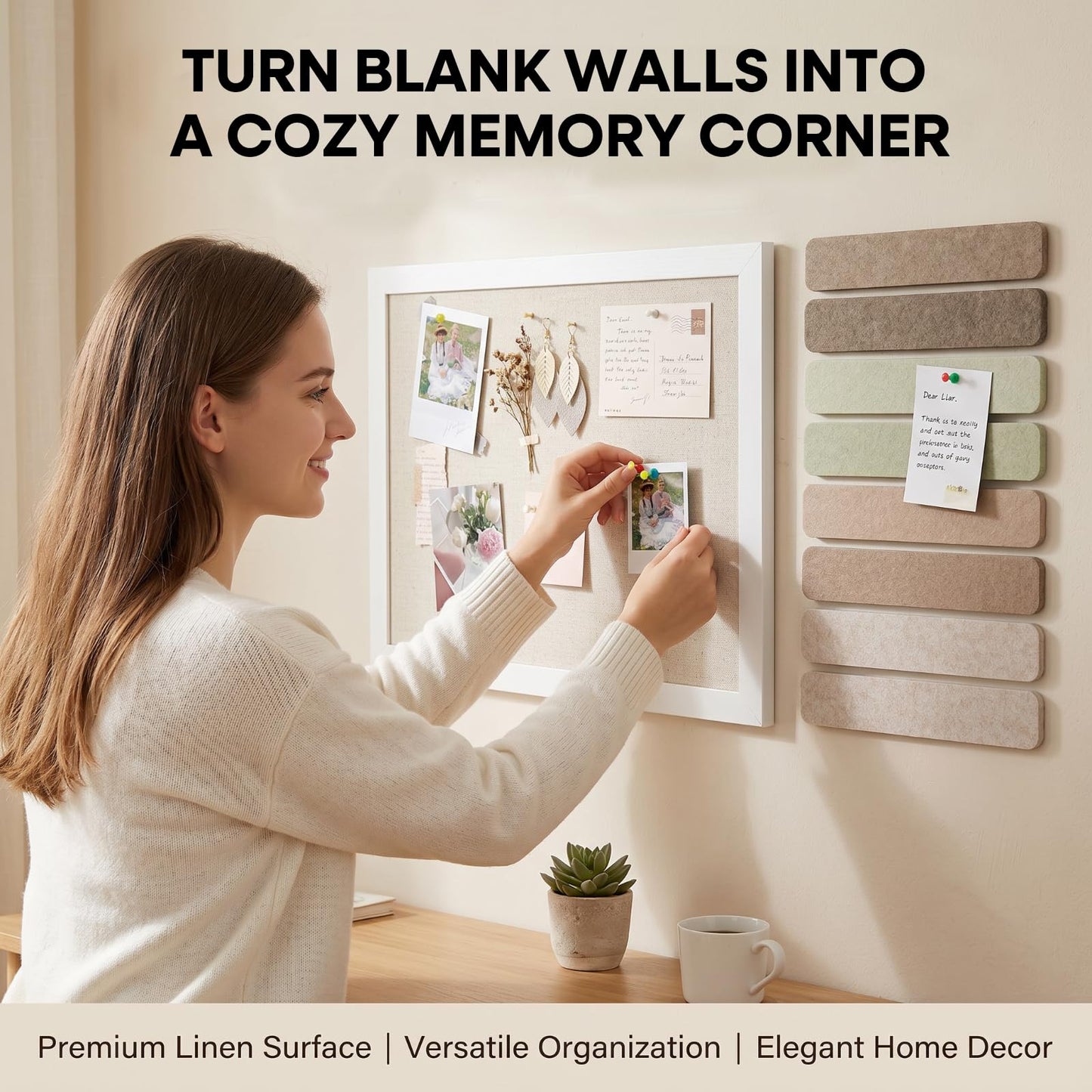OKSON Bulletin Board Set, 2-Pack 12"x16" Framed Linen Cork Boards for Walls & 8-Pack Felt Strips, Decorative Pin Board & Vision Board for Home Office Decor, Includes Push Pins & Hardware