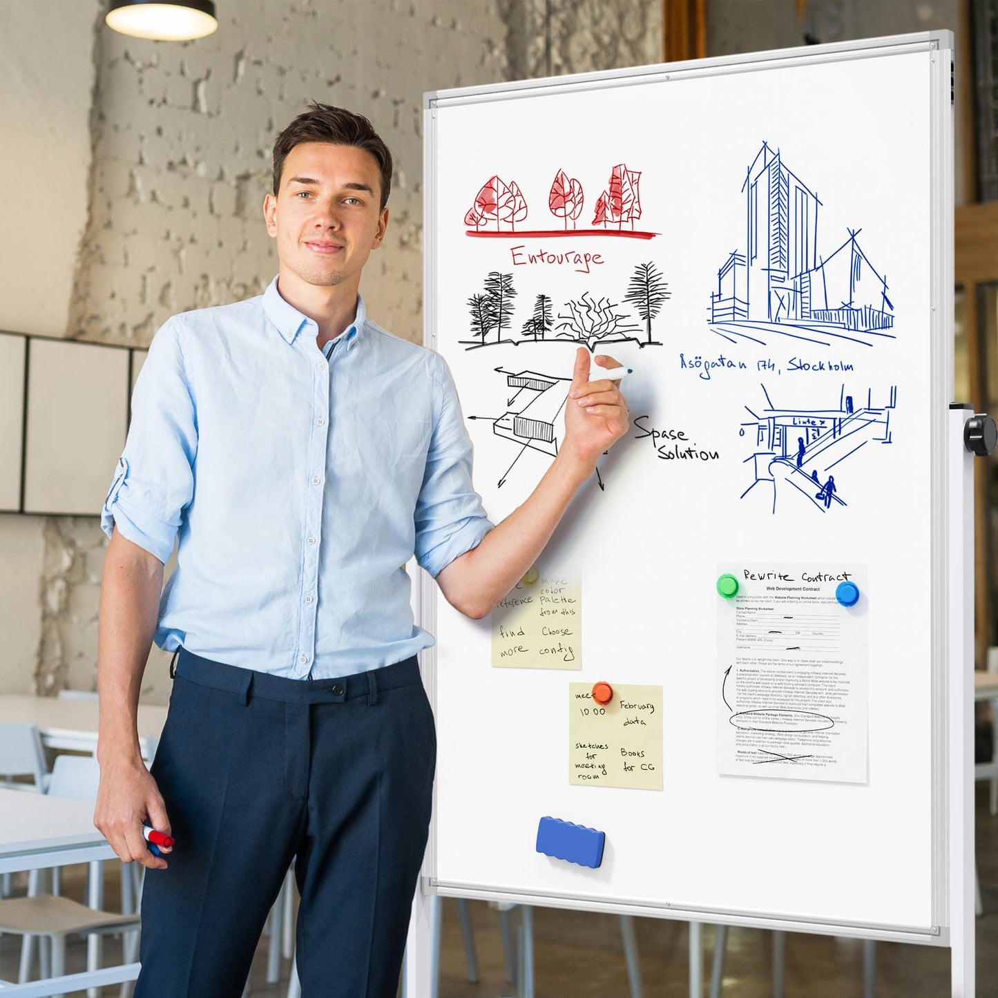 Large Rolling Whiteboard on Wheels, 48" x 32" Height Adjustable Mobile White Board with Stand, Portable Standing Magnetic Dry Erase Board Easel for Home Office Classroom School, Silver