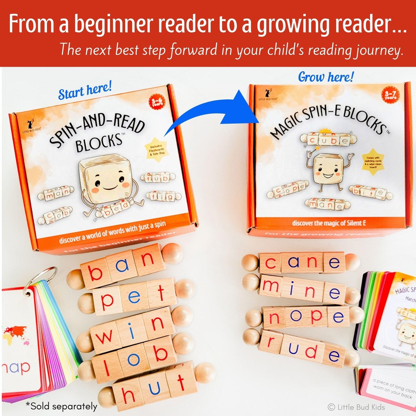 LITTLE BUD KIDS Magic Spin-E Blocks - A Silent E Phonics Toy & Montessori CVCe Reading Blocks for Kids Ages 4–7