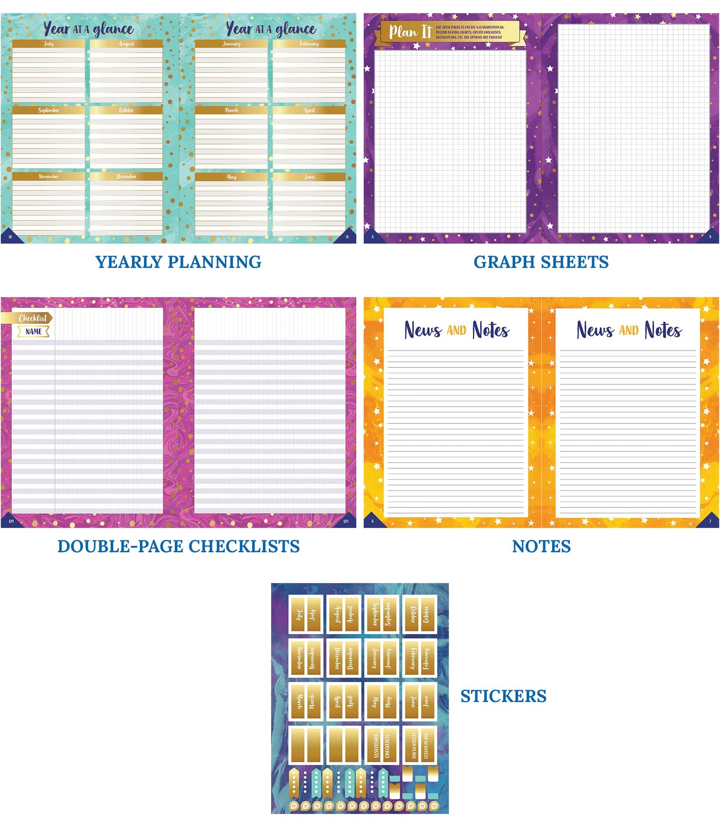 Carson Dellosa Galaxy Teacher Planner, 8" x 11" Space Theme Spiral Bound Lesson Plan Book With Stickers, Checklist, Notes, School Supplies for Classroom Organization