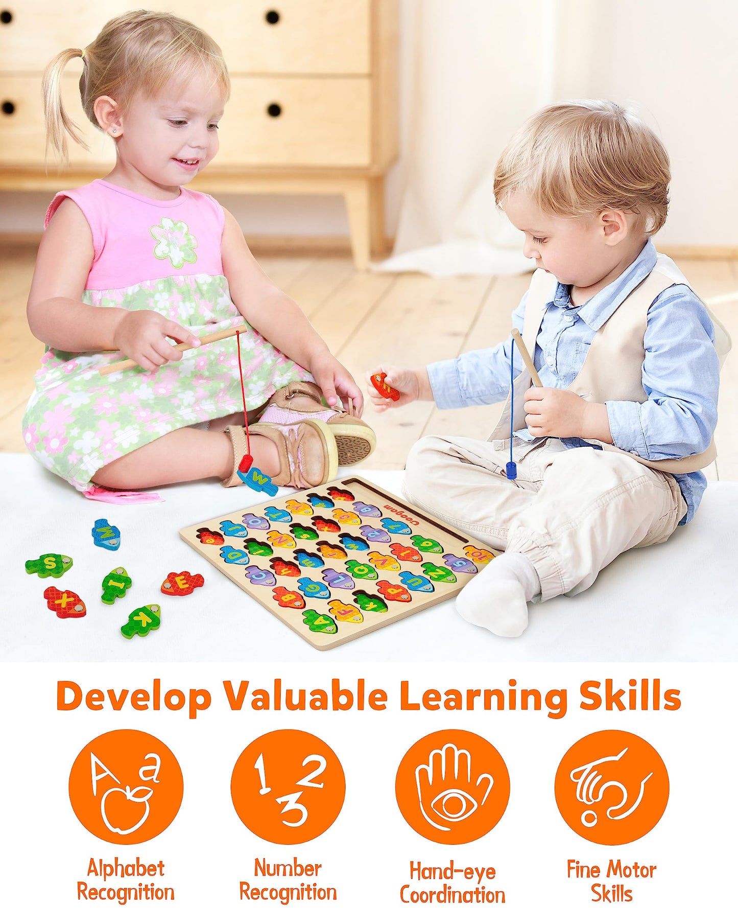 Coogam Magnetic Alphabet Numbers Fishing Game, Wooden ABC Letter Numbers Color Matching Puzzle Fine Motor Montessori Educational Toy for Preschool 3 4 5 Year Old Toddlers