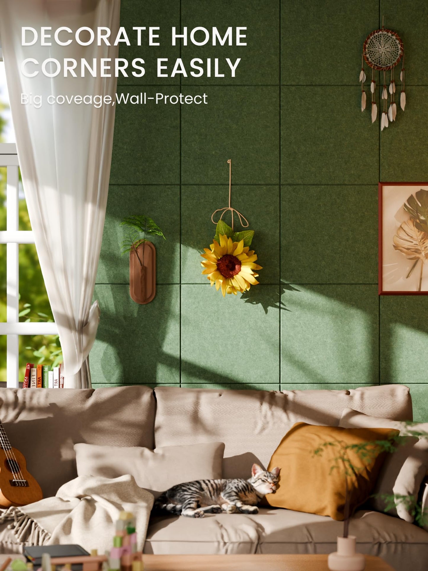 Bumusty Large Cork Board 48" x 36" Alternative - 12 Pack Felt Wall Tiles with 70 Safe Removable Adhesive Tabs, 30 Pushpins, Cork Boards for Walls Pin Board Bulletin Board Office Decor (Moss Green)