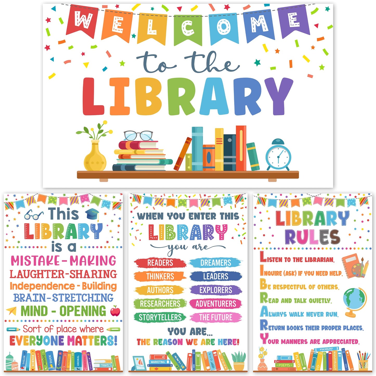 Lalunia 4 Pcs Library Rules Poster (11"x16") - Classroom Library Decorations for Librarian, Media Room, Back to School Educational Posters, Library Bulletin Board Sets, Reading Corner Decor