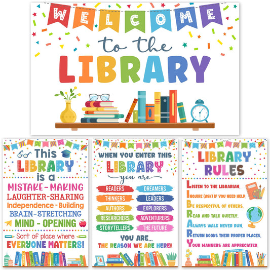 Lalunia 4 Pcs Library Rules Poster (11"x16") - Classroom Library Decorations for Librarian, Media Room, Back to School Educational Posters, Library Bulletin Board Sets, Reading Corner Decor