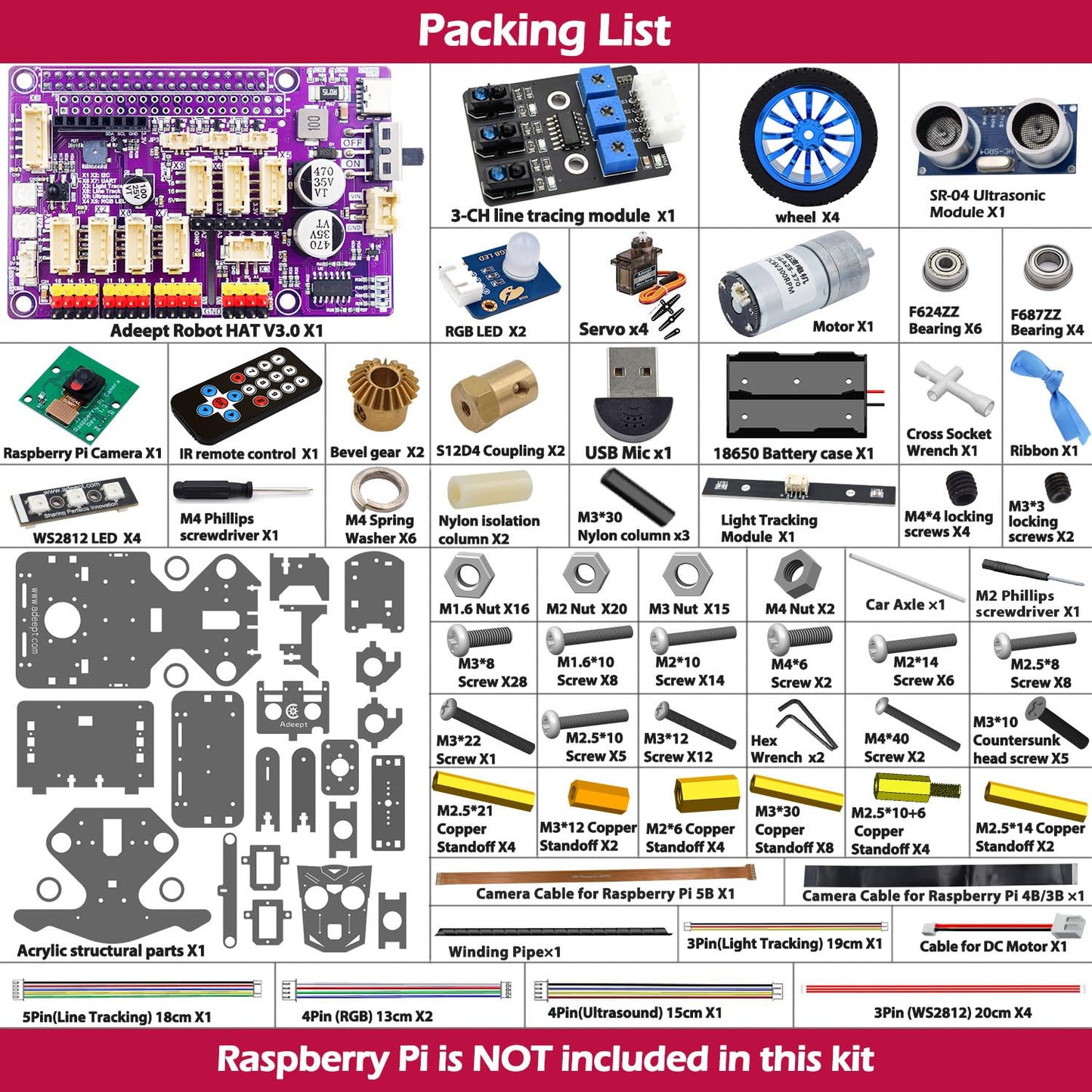 Adeept PiCar-B Mars Rover Smart Car Kit for Raspberry Pi 5/4B/3B/3B+, Obstacle Avoidance, Line Tracking, Light Tracing, Camera, Speech Recognition, Python, PDF Tutorials(Raspberry Pi NOT Included)