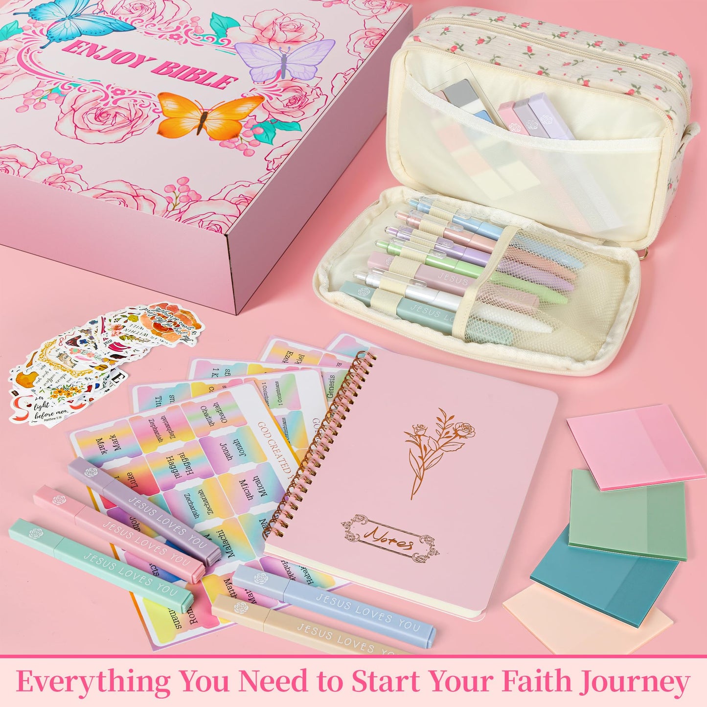 Bible Study Supplies Journaling Kit for Women,Bible Study Kit with Highlighters No Bleed,Journal Notebook Tabs Large Pencil Case, Accessories Set for Women Teens Beginner, Christian Gifts (Pink)