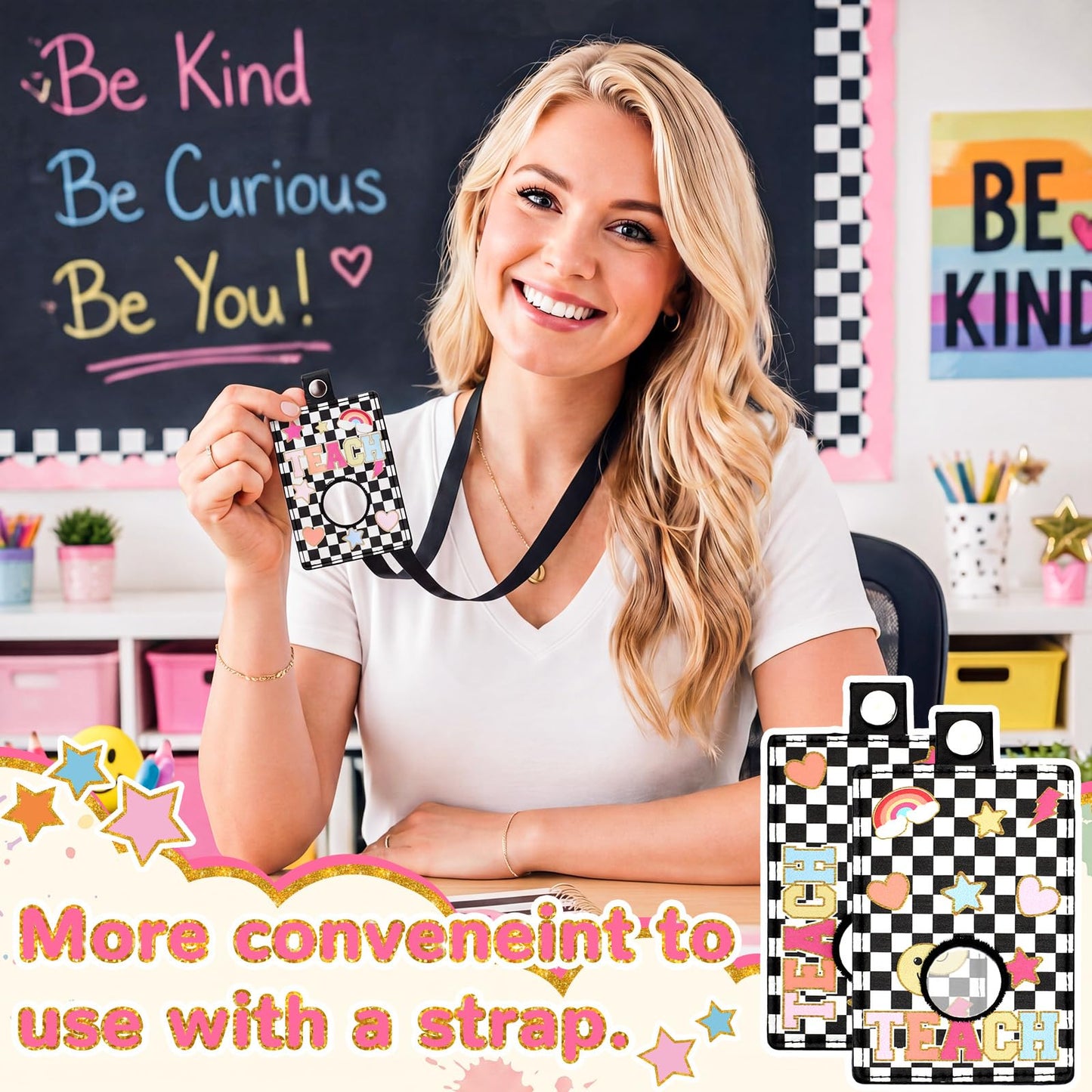 Gueevin 6 Pack Teacher Alarm ID Badge Holder, 4.2x2.8 Inch Smile Face Alarm Badge Holder for Educators, School Staff, Teacher Appreciation Gifts for School