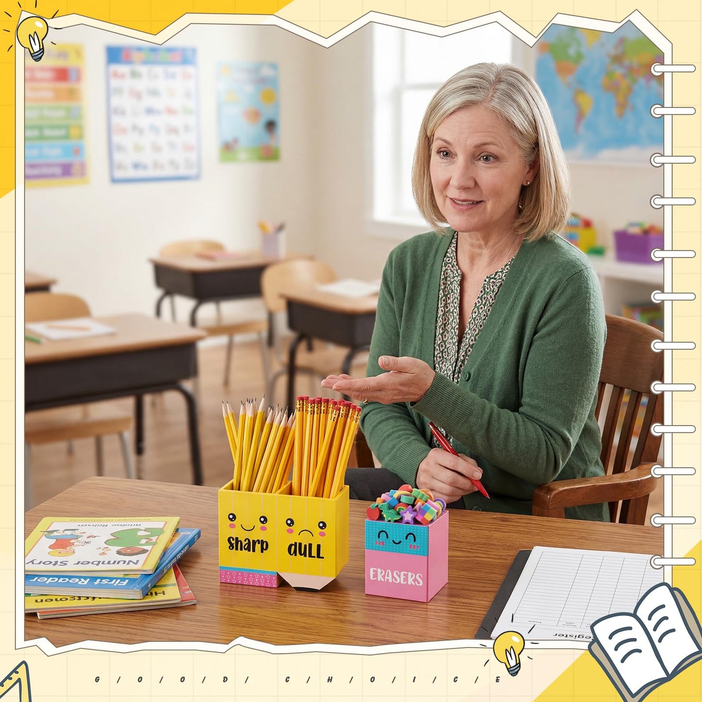 Eaasty Pencil Shaped and Sharp Dull Holder Eraser Wooden Dispenser Pencil Storage 3 Compartments for Back to School Teachers Classroom Organization (2 Pack,Stylish)