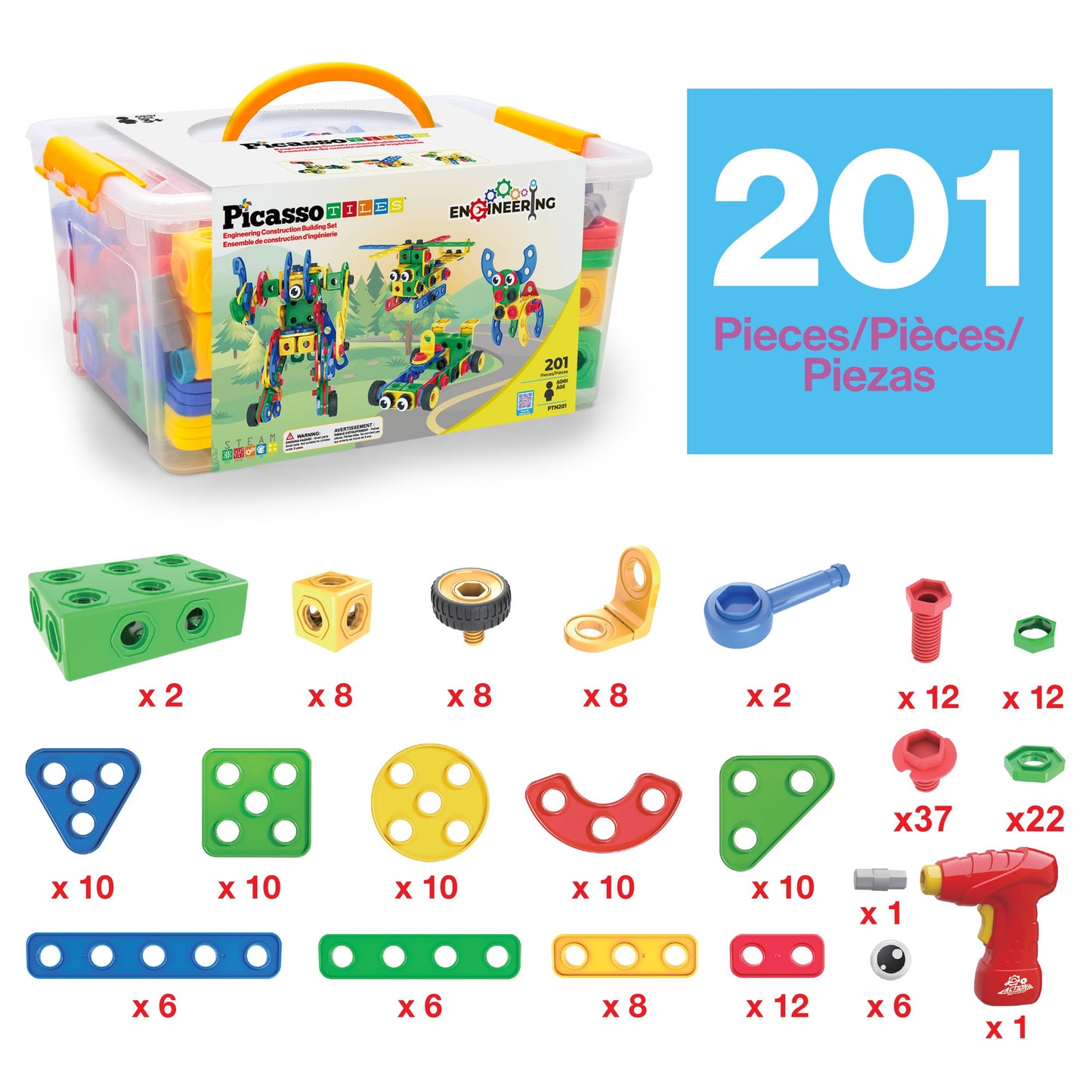 PicassoTiles 201pc STEM Learning Block Construction Kit with Power Drill and Clickable Ratchet Educational Engineering Toy Set Kids Age 3 Plus Preschool Activity Creative Play with Idea Book PTN201