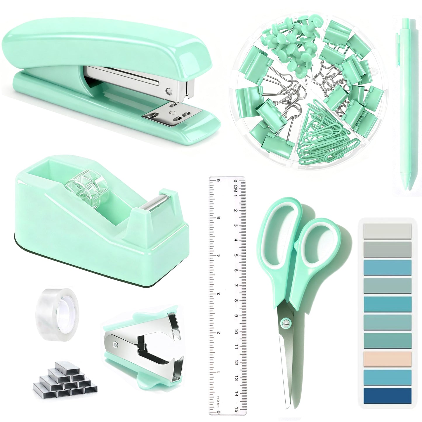 Dimonluce Green Office Supplies, Teal Desk Accessories Accessories with Tape Dispenser, Stapler, Staple Remover, 1000 Staples, Tape, Clips Set, Ruler, Scissor, Pen
