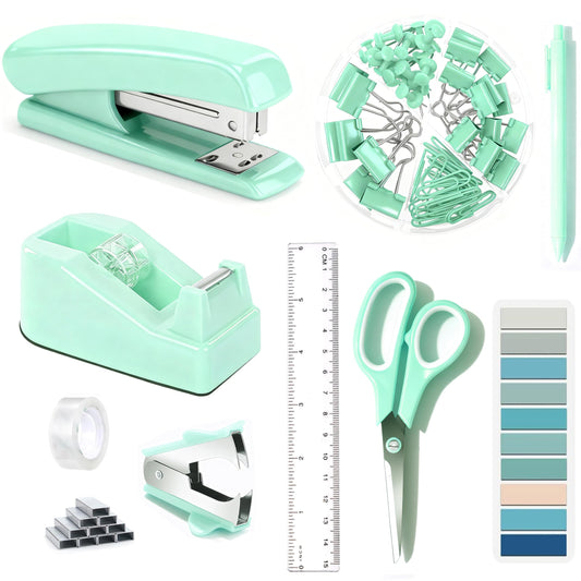 Dimonluce Green Office Supplies, Teal Desk Accessories Accessories with Tape Dispenser, Stapler, Staple Remover, 1000 Staples, Tape, Clips Set, Ruler, Scissor, Pen